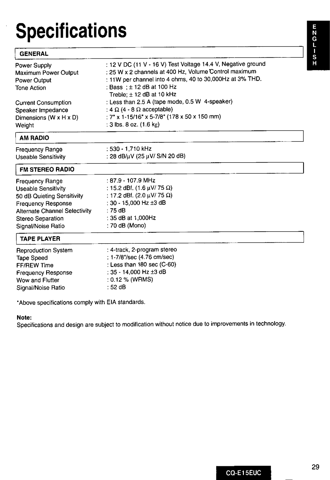 Panasonic CQE15EUC manual 