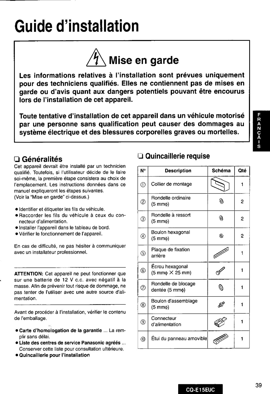 Panasonic CQE15EUC manual 