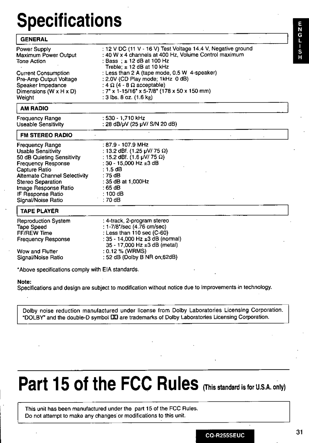 Panasonic CQR255SEUC manual 