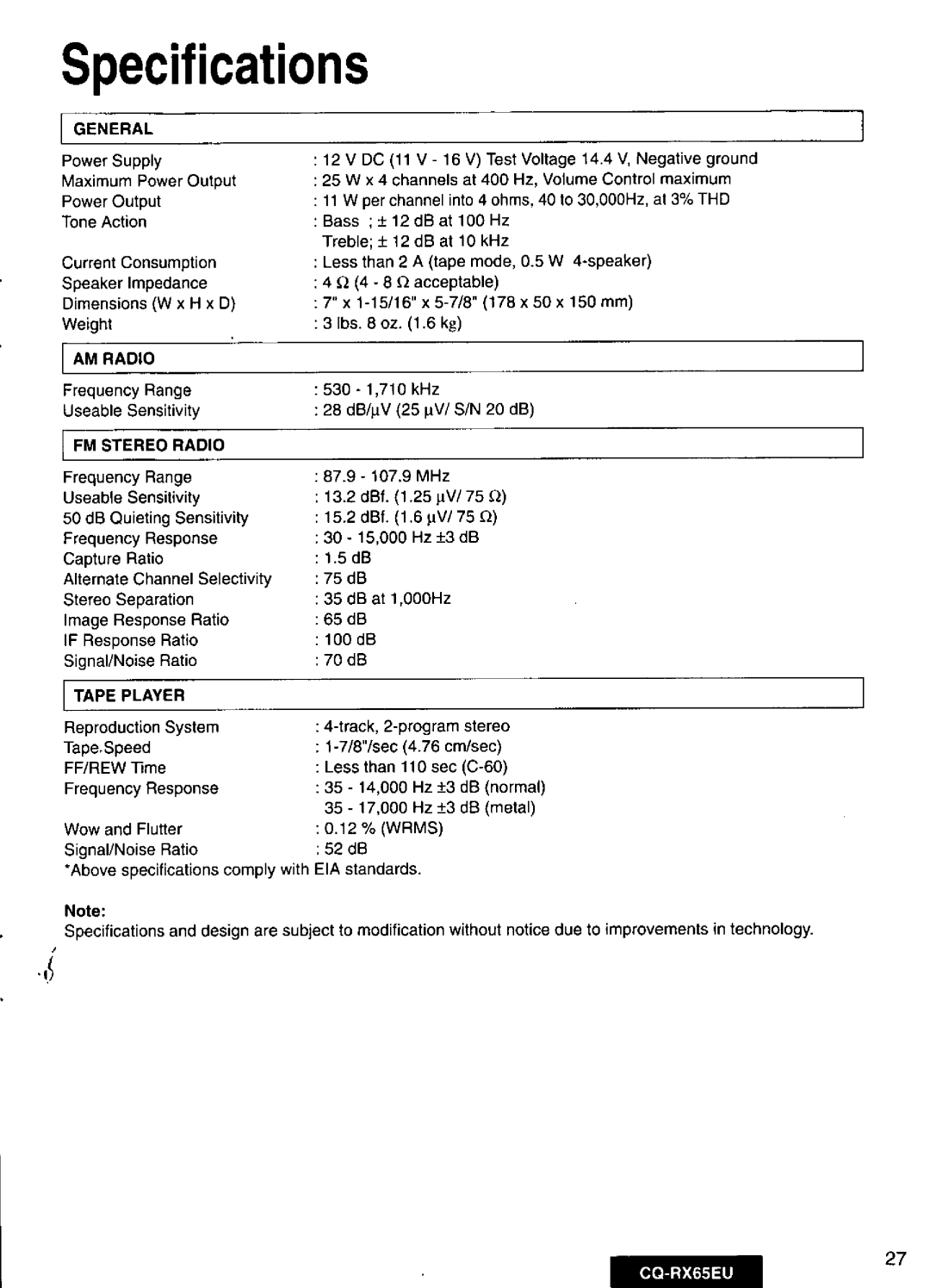 Panasonic CQRX65EU manual 