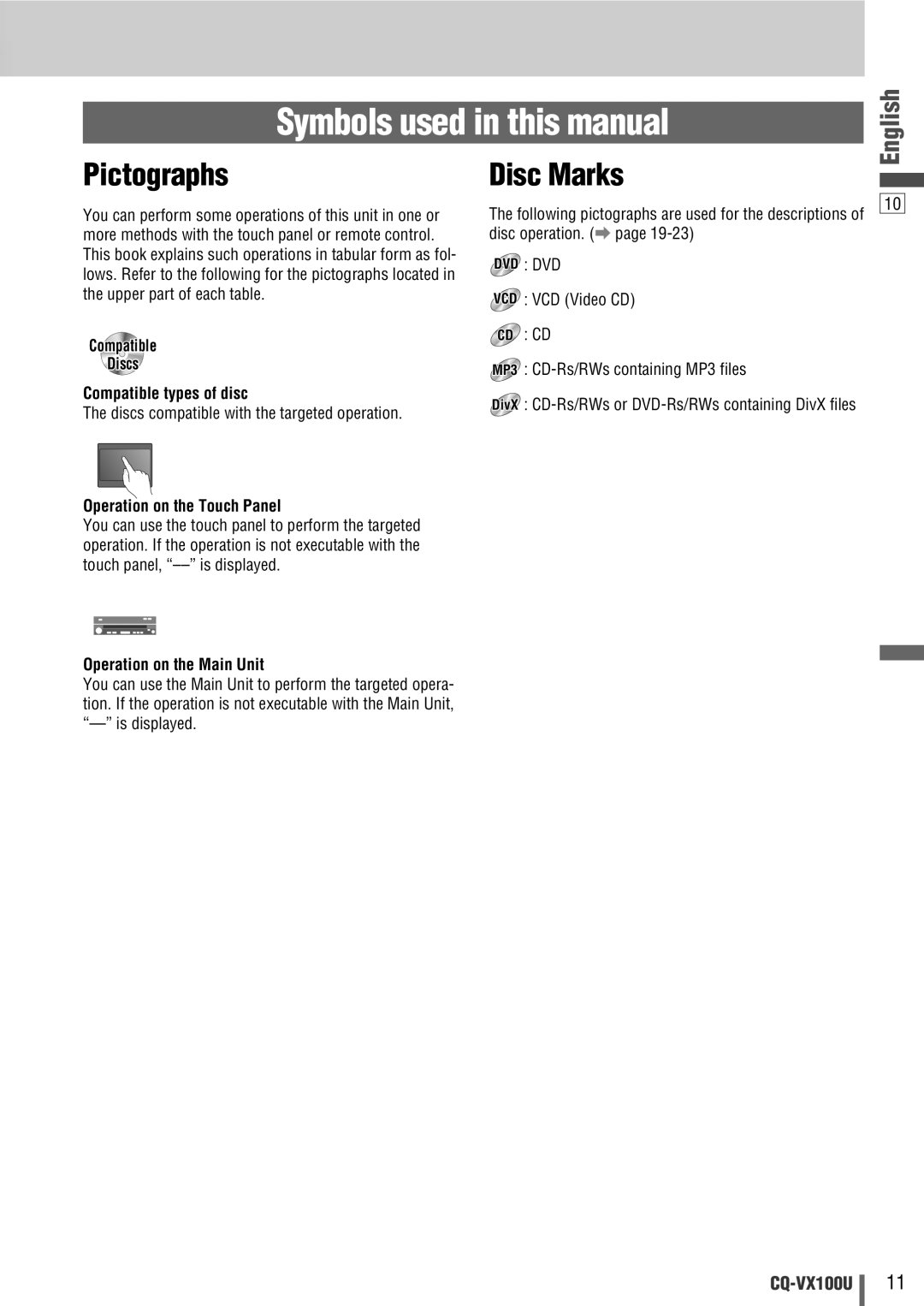 Panasonic CQVX100U warranty Symbols used in this manual, Pictographs, Disc Marks 