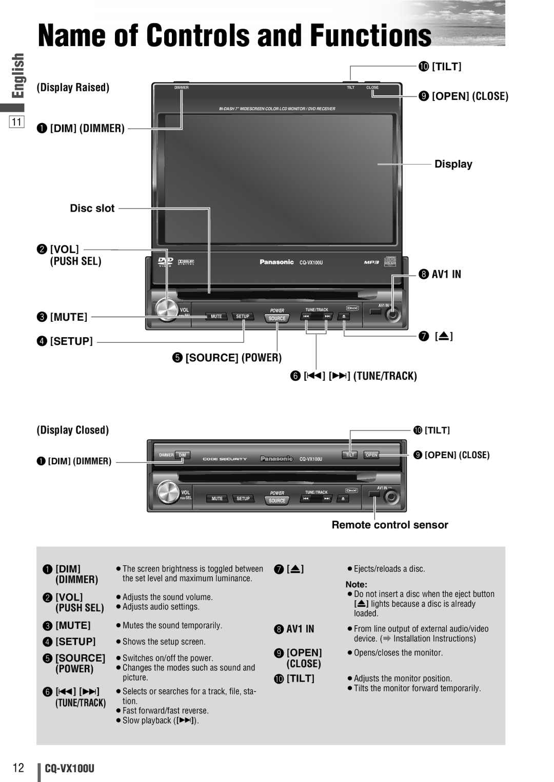 Panasonic CQVX100U warranty Name of Controls and Functions 