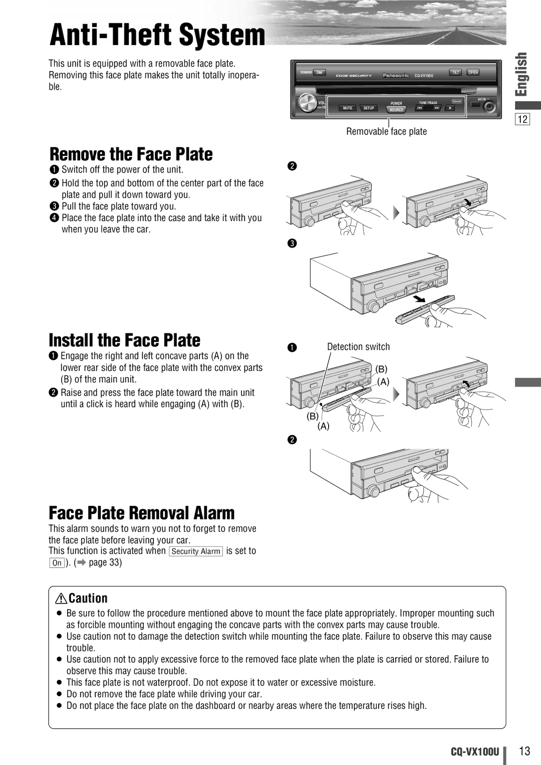 Panasonic CQVX100U warranty Remove the Face Plate, Install the Face Plate, Face Plate Removal Alarm, Main unit 