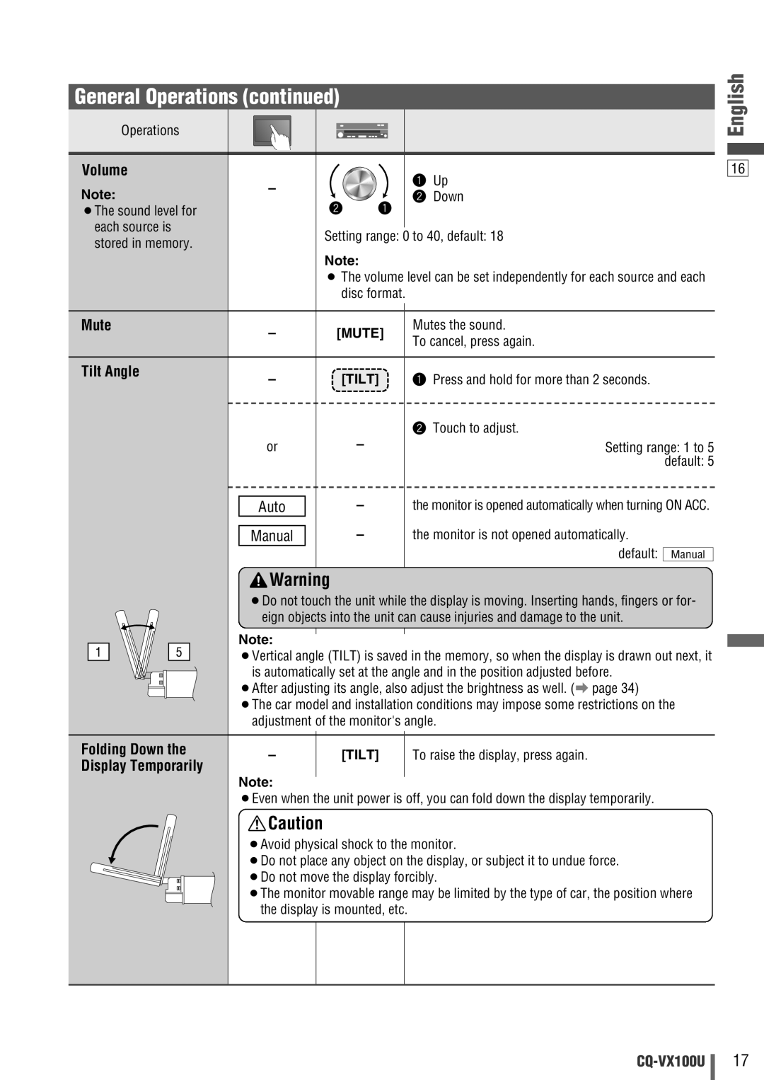 Panasonic CQVX100U warranty Volume, Tilt Angle, Folding Down, Display Temporarily 