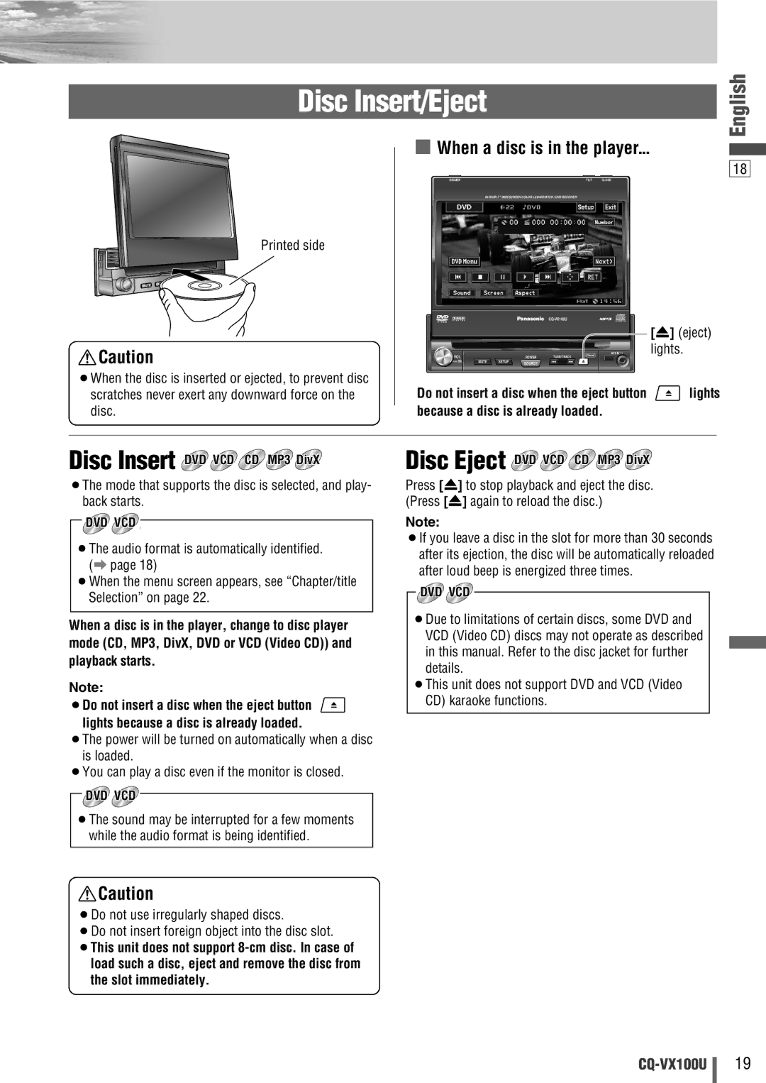 Panasonic CQVX100U warranty Disc Insert/Eject, Disc Eject DVD VCD, When a disc is in the player 