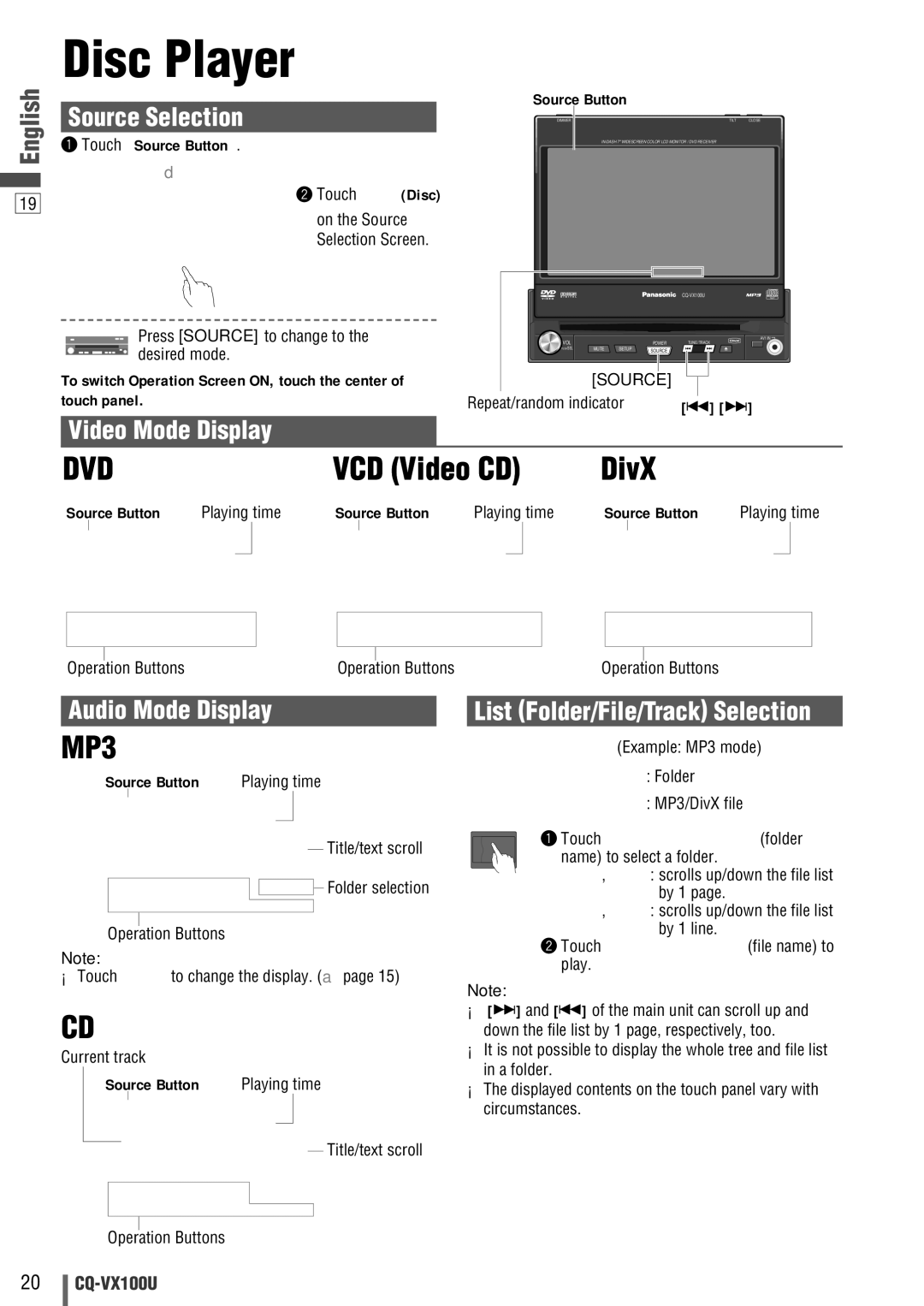 Panasonic CQVX100U warranty Disc Player, VCD Video CD DivX 