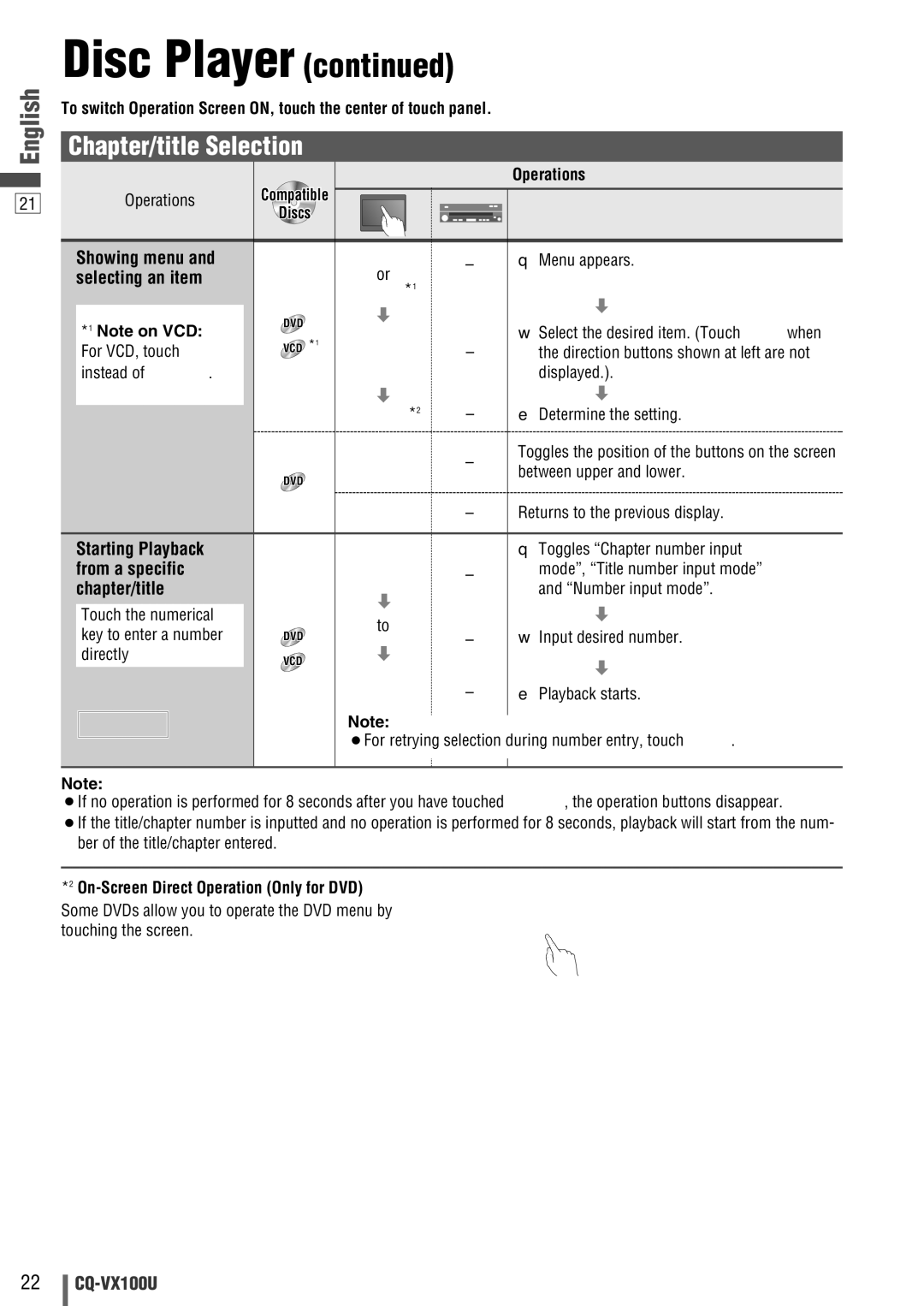 Panasonic CQVX100U warranty Chapter/title Selection, Showing menu, From a specific 