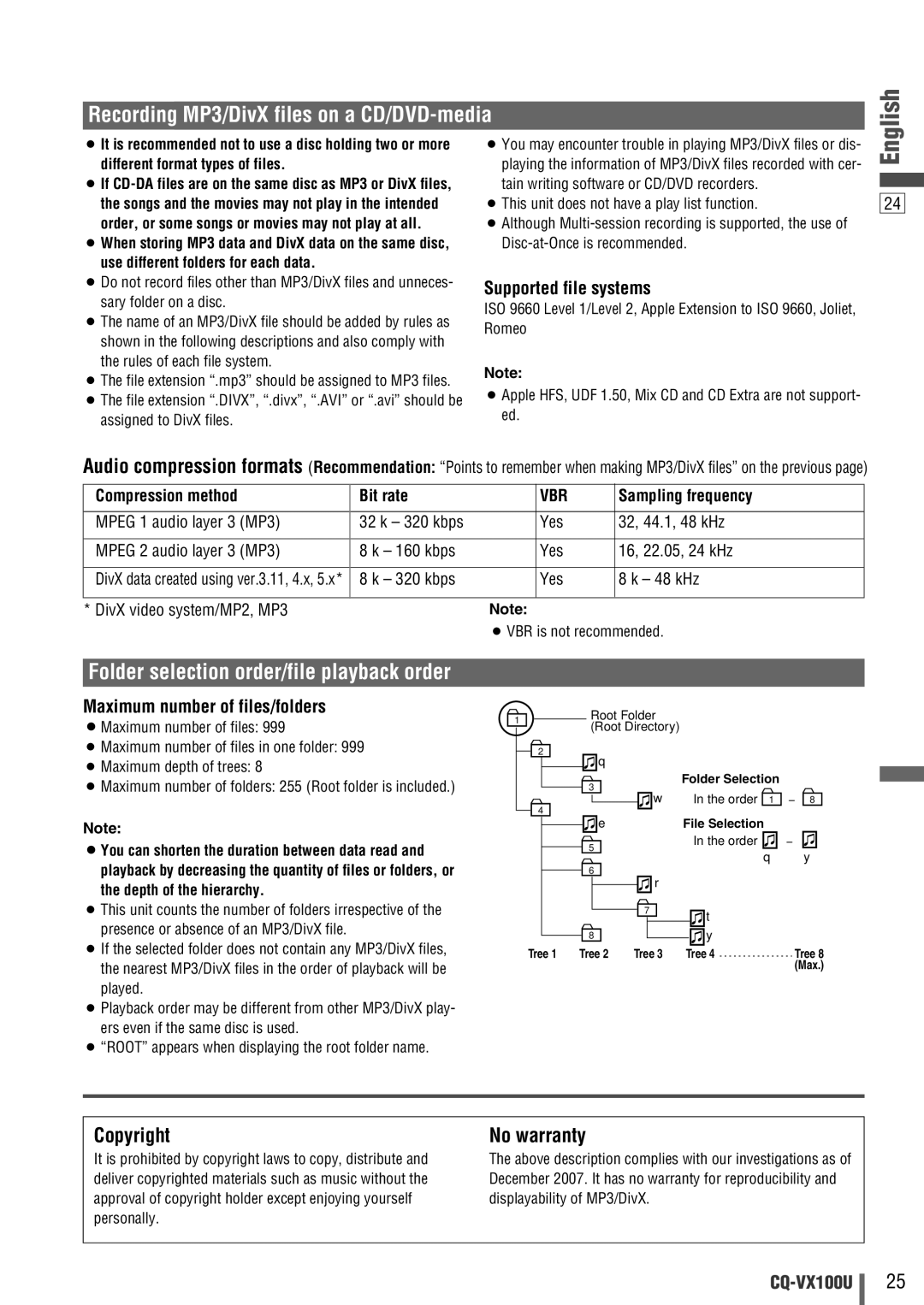 Panasonic CQVX100U Copyright, No warranty, Supported file systems, Maximum number of files/folders, Vbr 