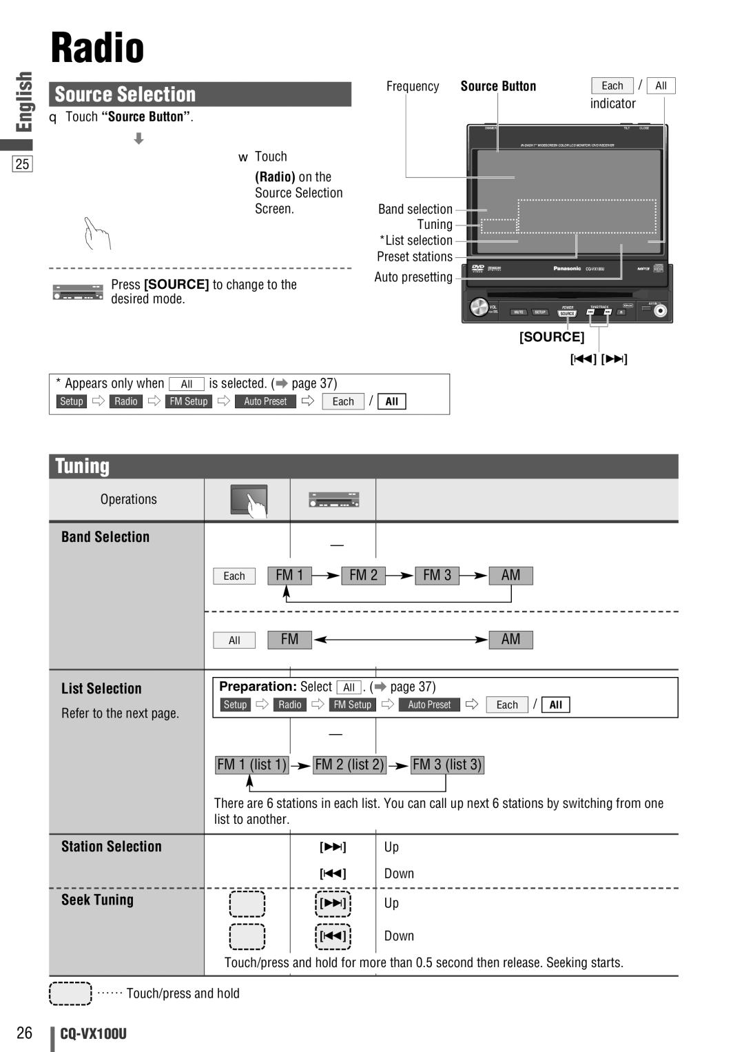 Panasonic CQVX100U warranty Radio, Tuning 