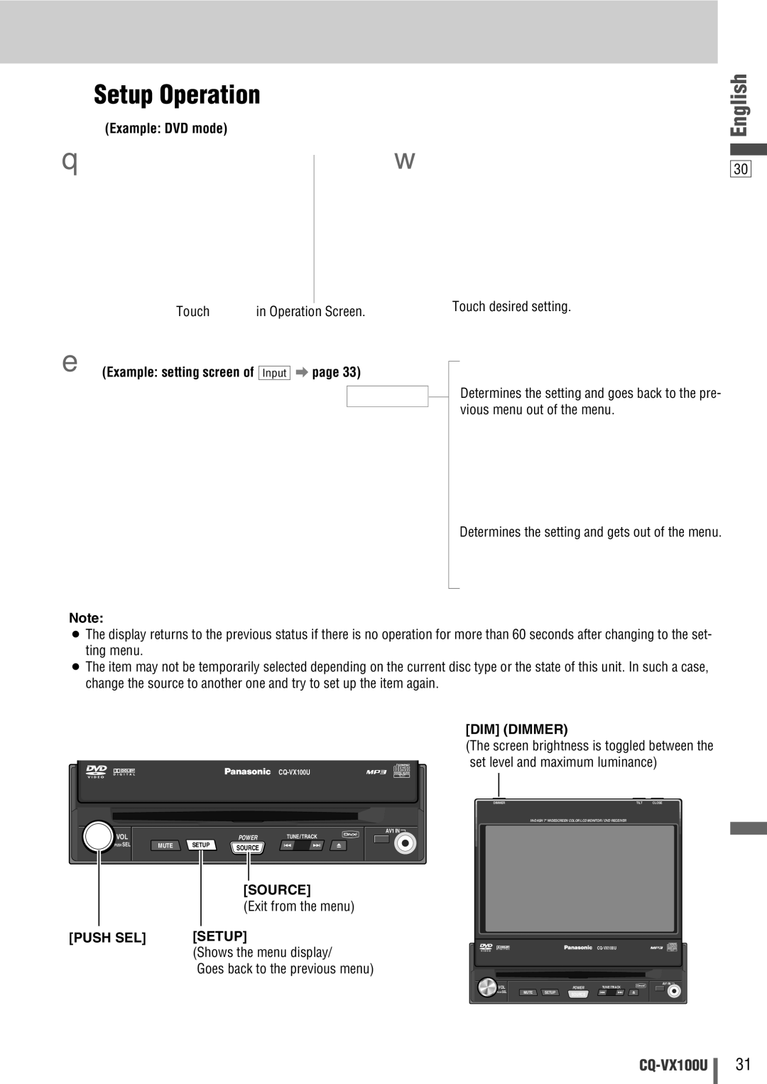 Panasonic CQVX100U warranty Setup Operation, Touch Operation Screen, DIM Dimmer 