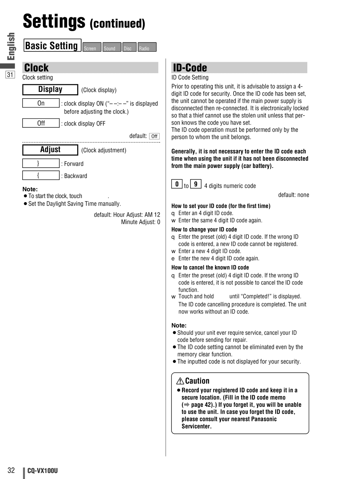 Panasonic CQVX100U warranty Clock, ID-Code, Display, Adjust 