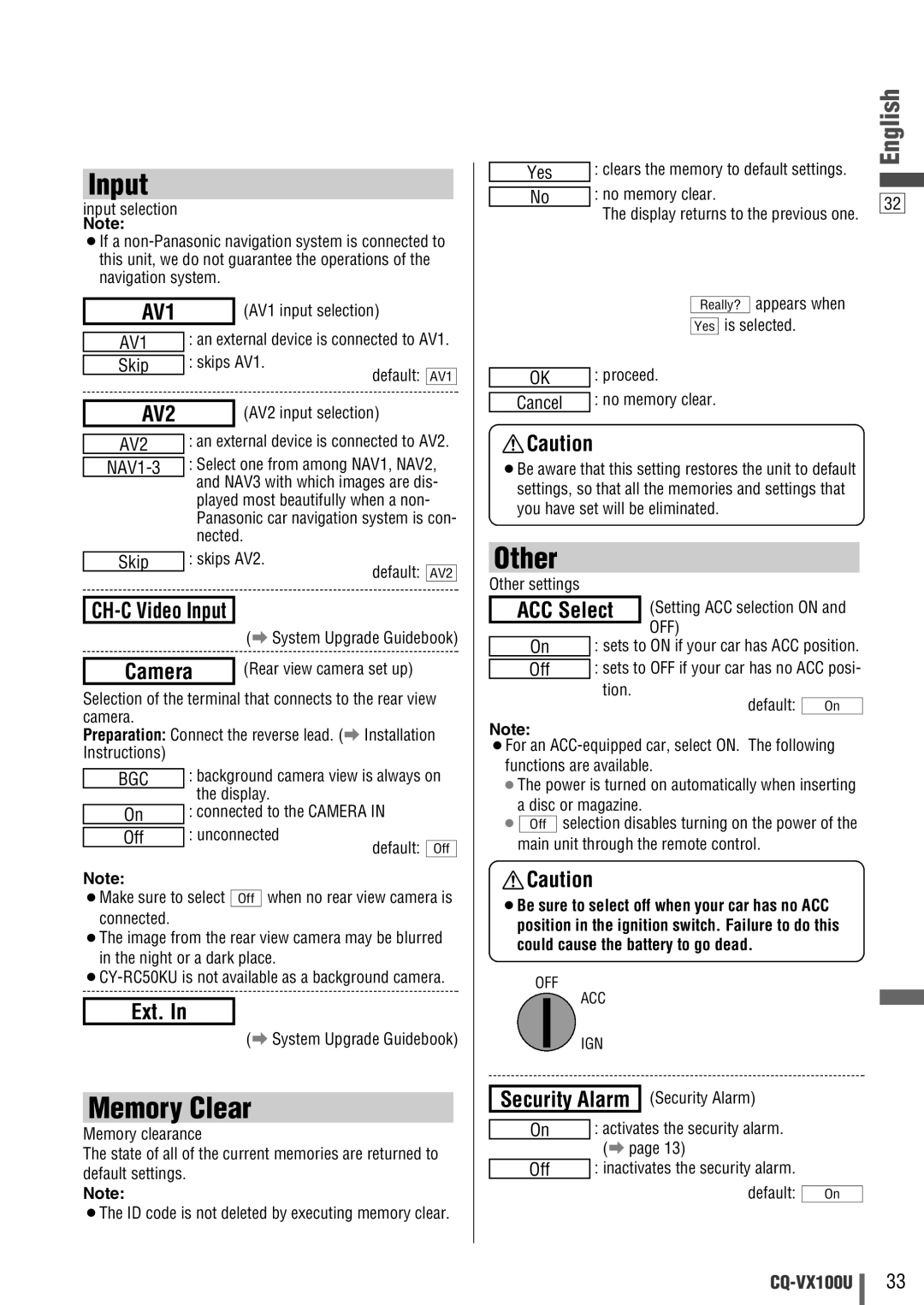 Panasonic CQVX100U warranty Input, Memory Clear, Other 