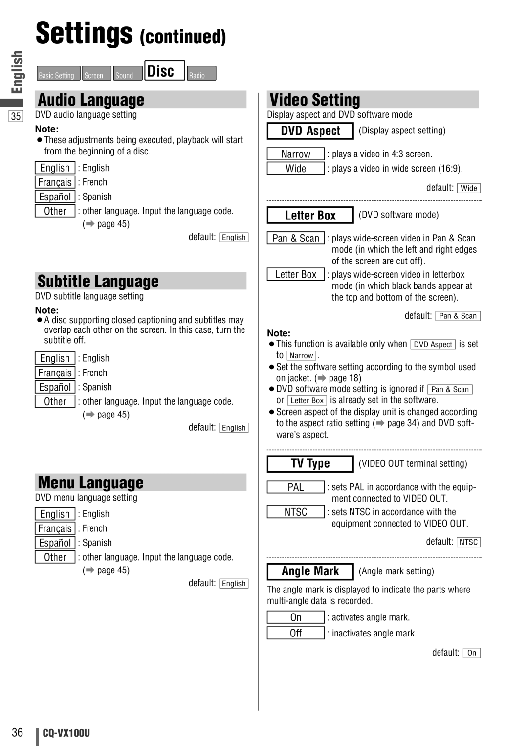 Panasonic CQVX100U warranty Subtitle Language, Menu Language, Video Setting 