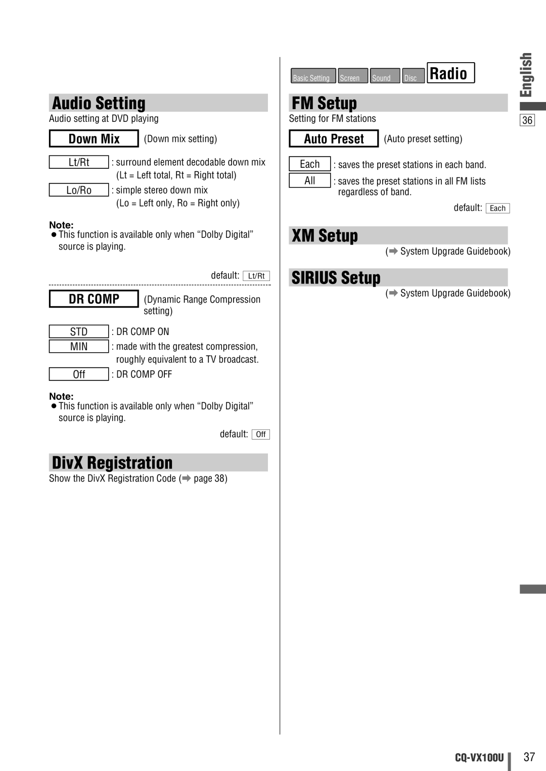 Panasonic CQVX100U warranty Audio Setting, DivX Registration, FM Setup, XM Setup, Sirius Setup 