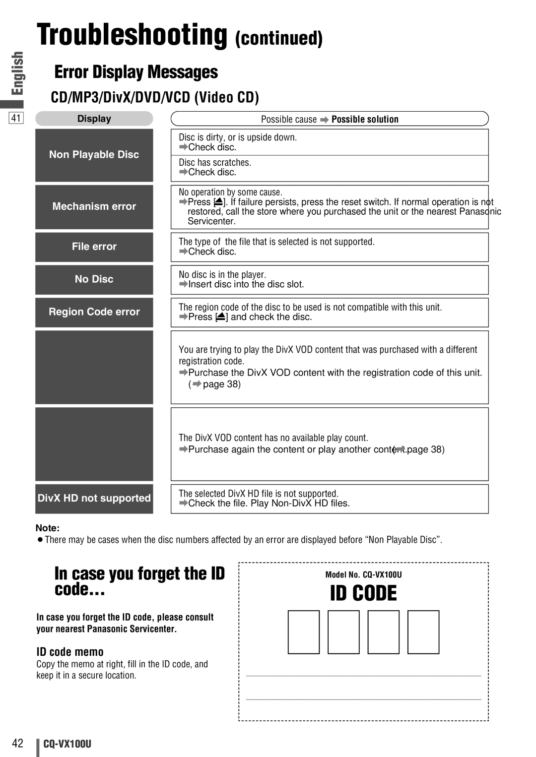 Panasonic CQVX100U warranty Error Display Messages, Case you forget the ID code, ID code memo 