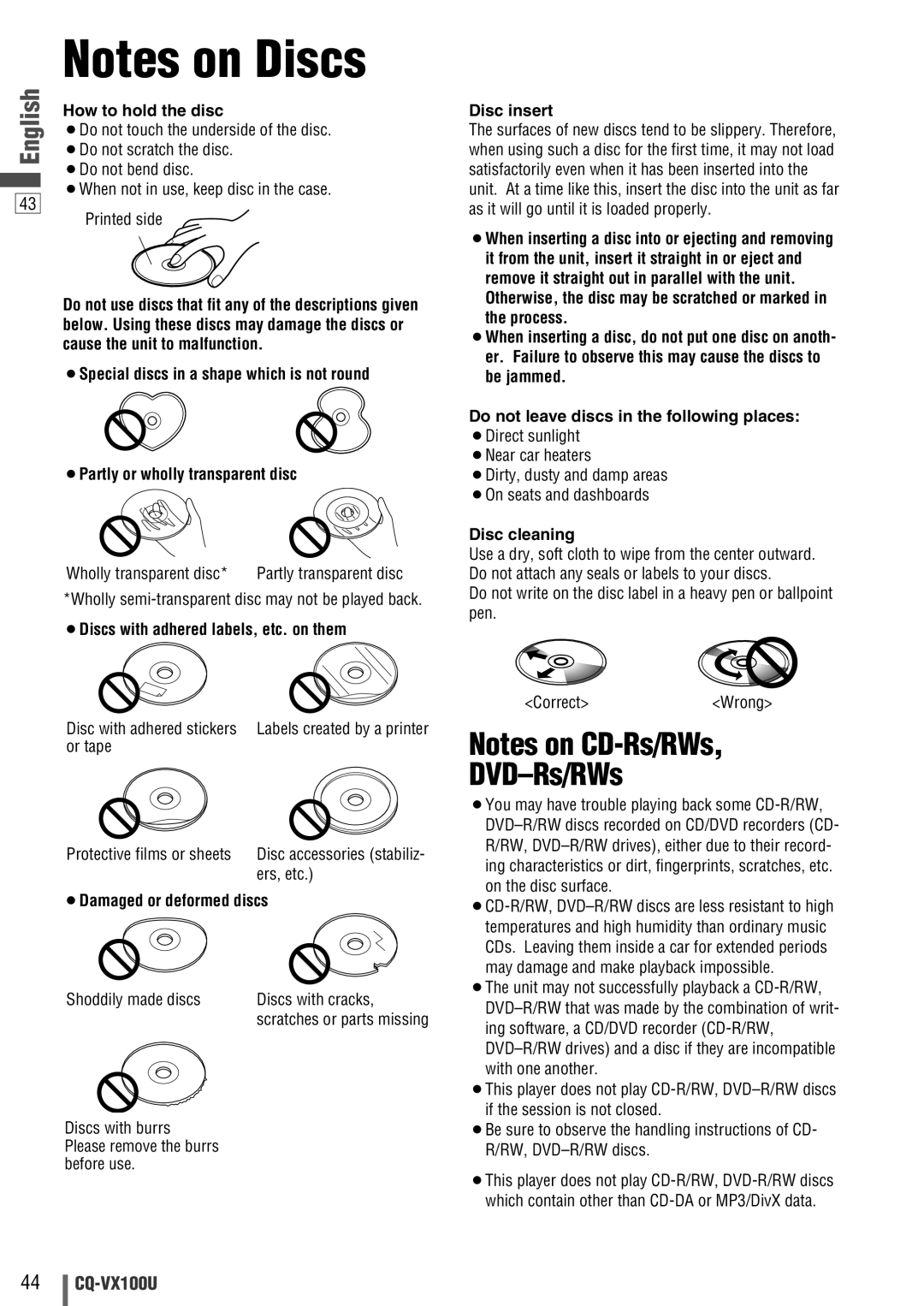 Panasonic CQVX100U warranty DVD-Rs/RWs 