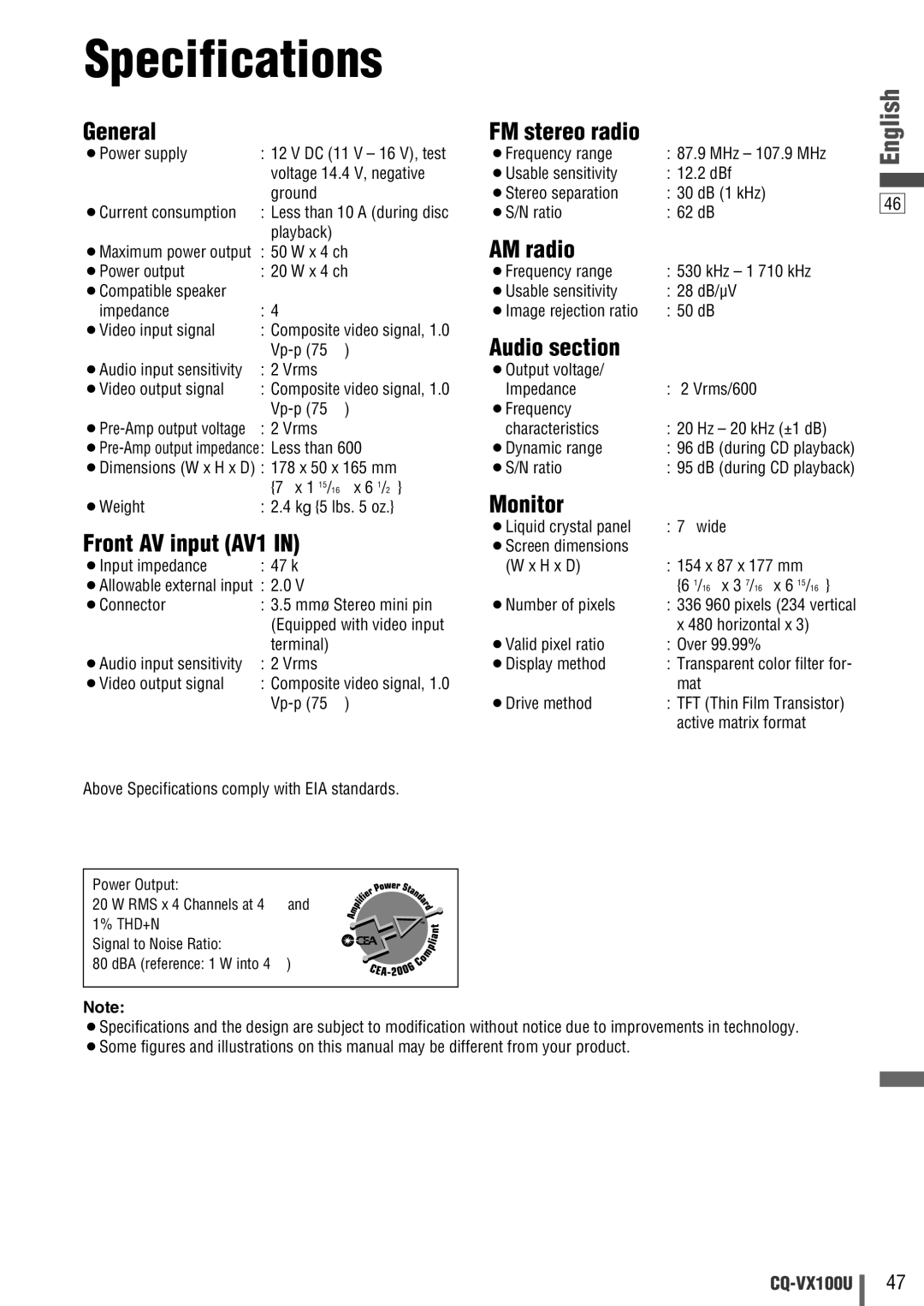 Panasonic CQVX100U warranty Specifications 