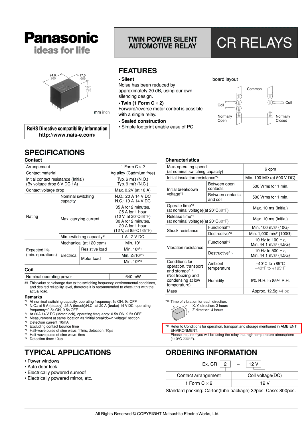 Panasonic CR Relays specifications Features, Specifications, Typical Applications, Ordering Information 