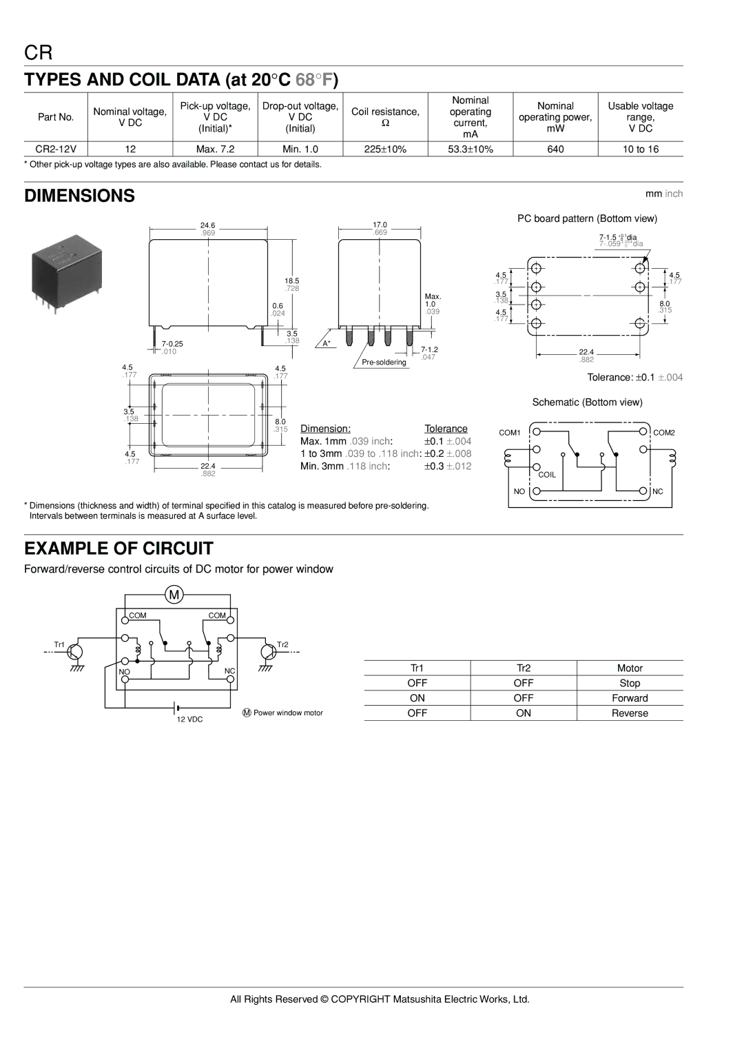 Panasonic CR Relays specifications Dimensions, Example of Circuit, ±.004, To 3mm .039 to .118 inch ±0.2 ±.008, ±.012 