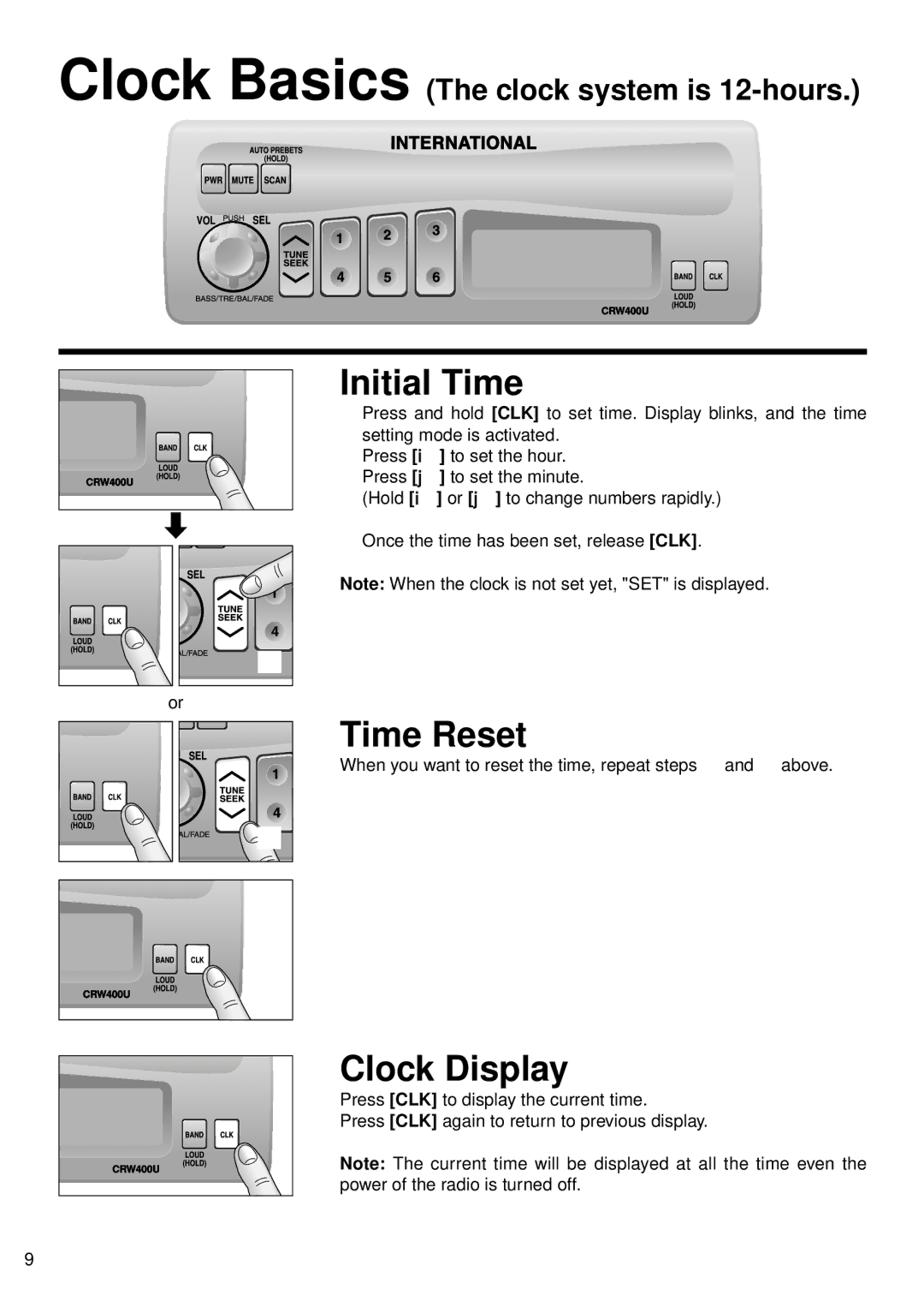 Panasonic CR-W400U operating instructions Initial Time, Time Reset, Clock Display 