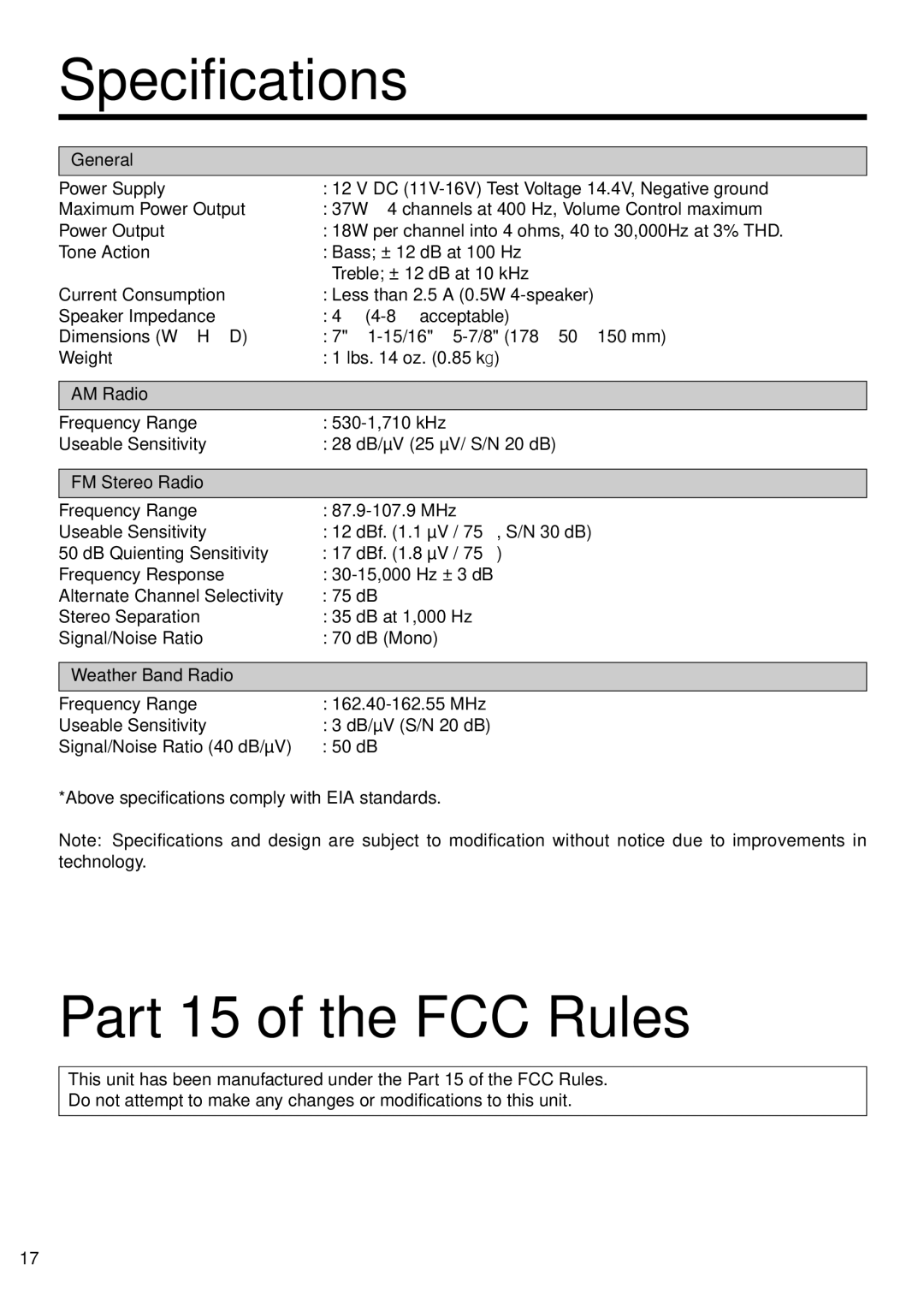 Panasonic CR-W400U operating instructions Specifications, Part 15 of the FCC Rules 