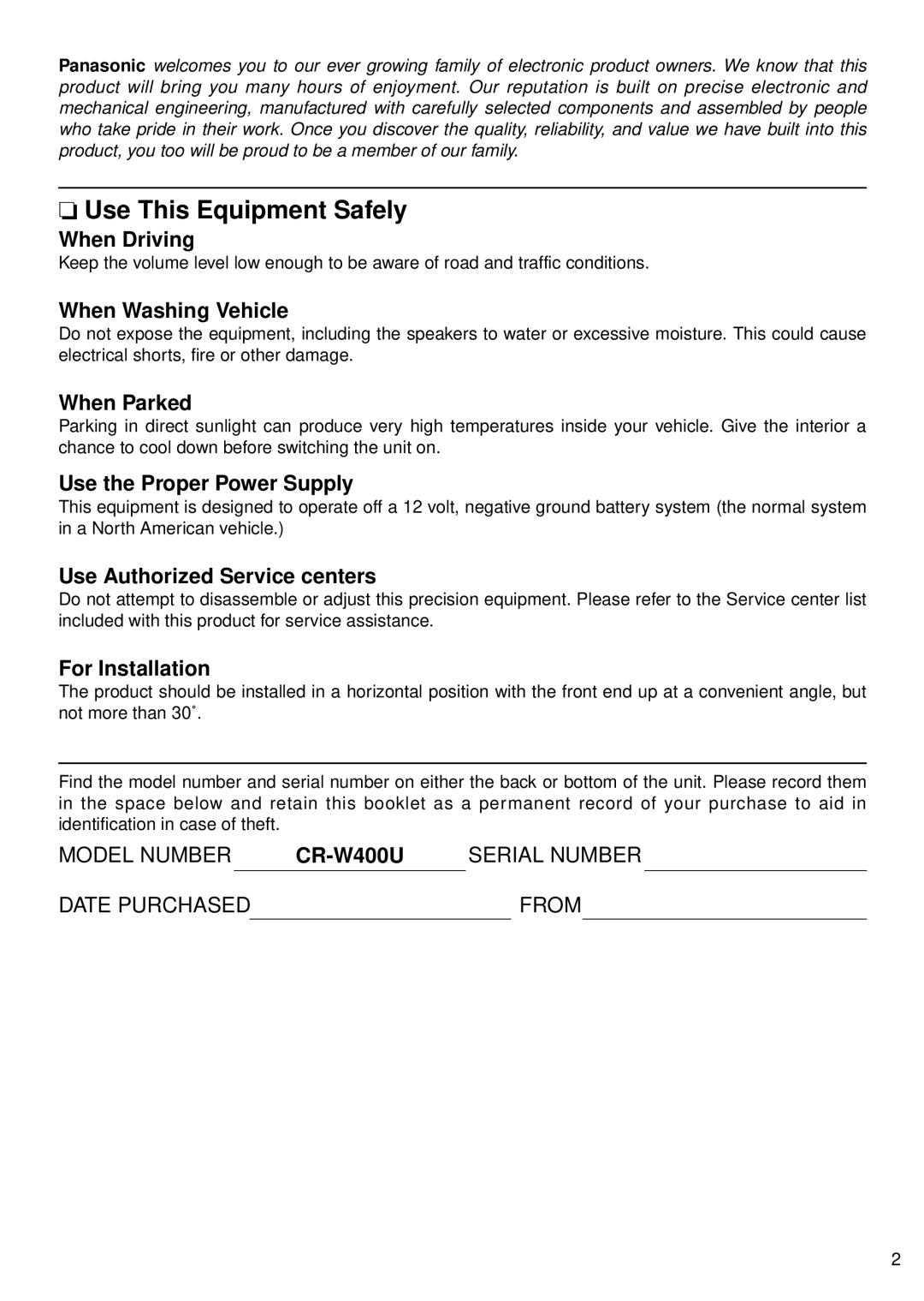 Panasonic CR-W400U operating instructions Use This Equipment Safely, When Washing Vehicle 