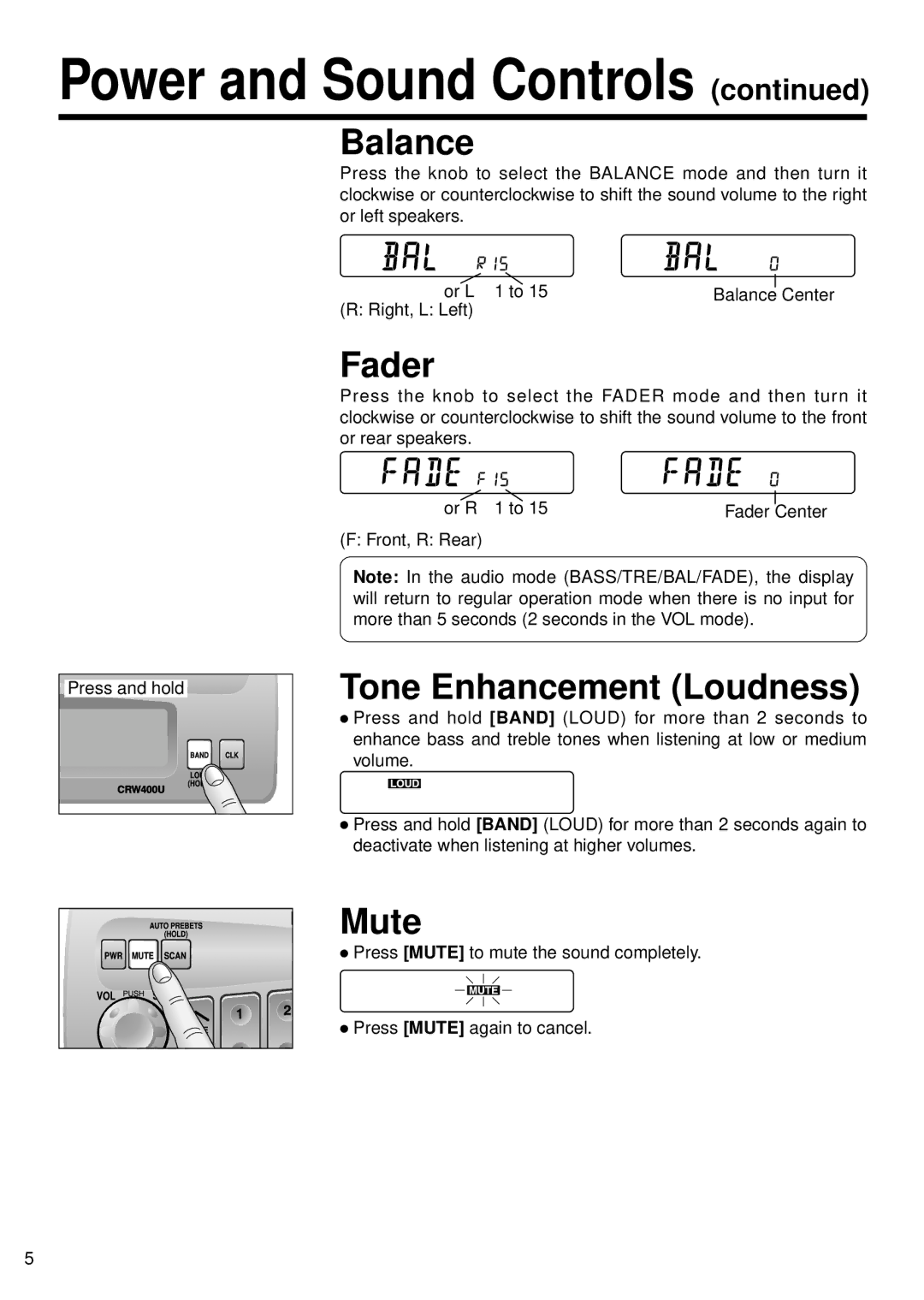 Panasonic CR-W400U operating instructions Balance, Fader, Tone Enhancement Loudness, Mute 