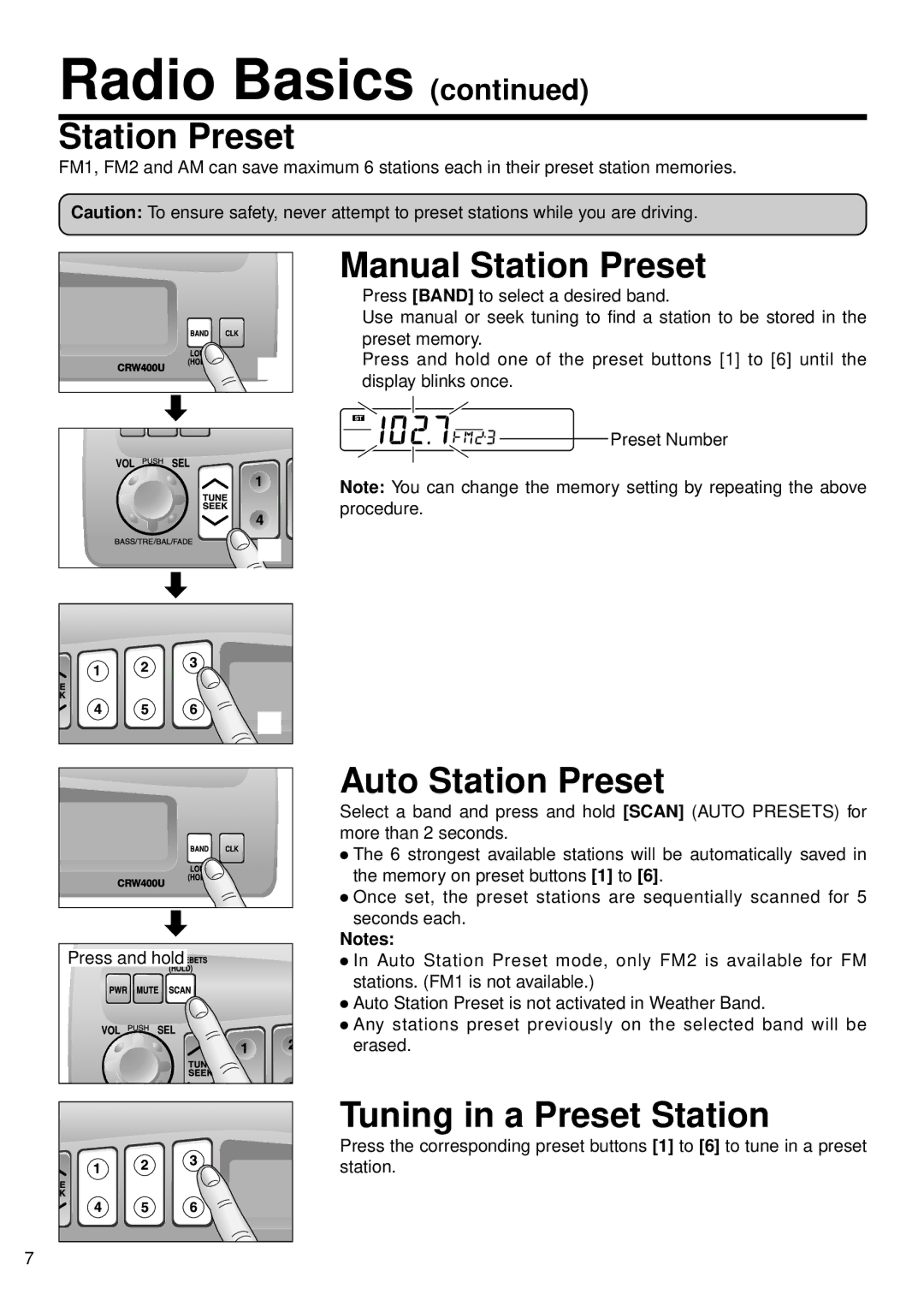 Panasonic CR-W400U operating instructions Manual Station Preset, Auto Station Preset, Tuning in a Preset Station 