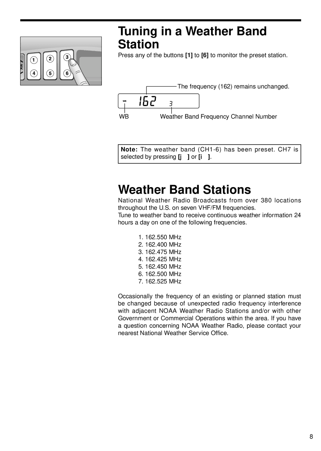 Panasonic CR-W400U operating instructions Tuning in a Weather Band Station, Weather Band Stations 