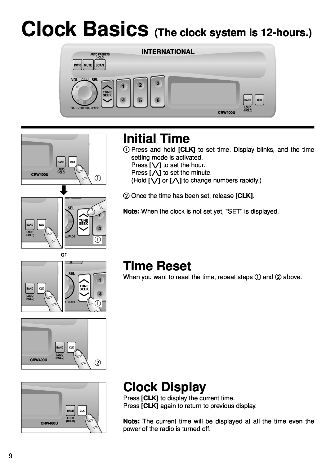 Panasonic CR-W400U Initial Time, Time Reset, Clock Display, Clock Basics The clock system is 12-hours 
