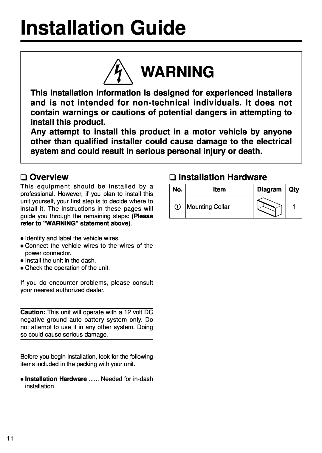 Panasonic CR-W400U operating instructions Installation Guide, Overview, Installation Hardware 