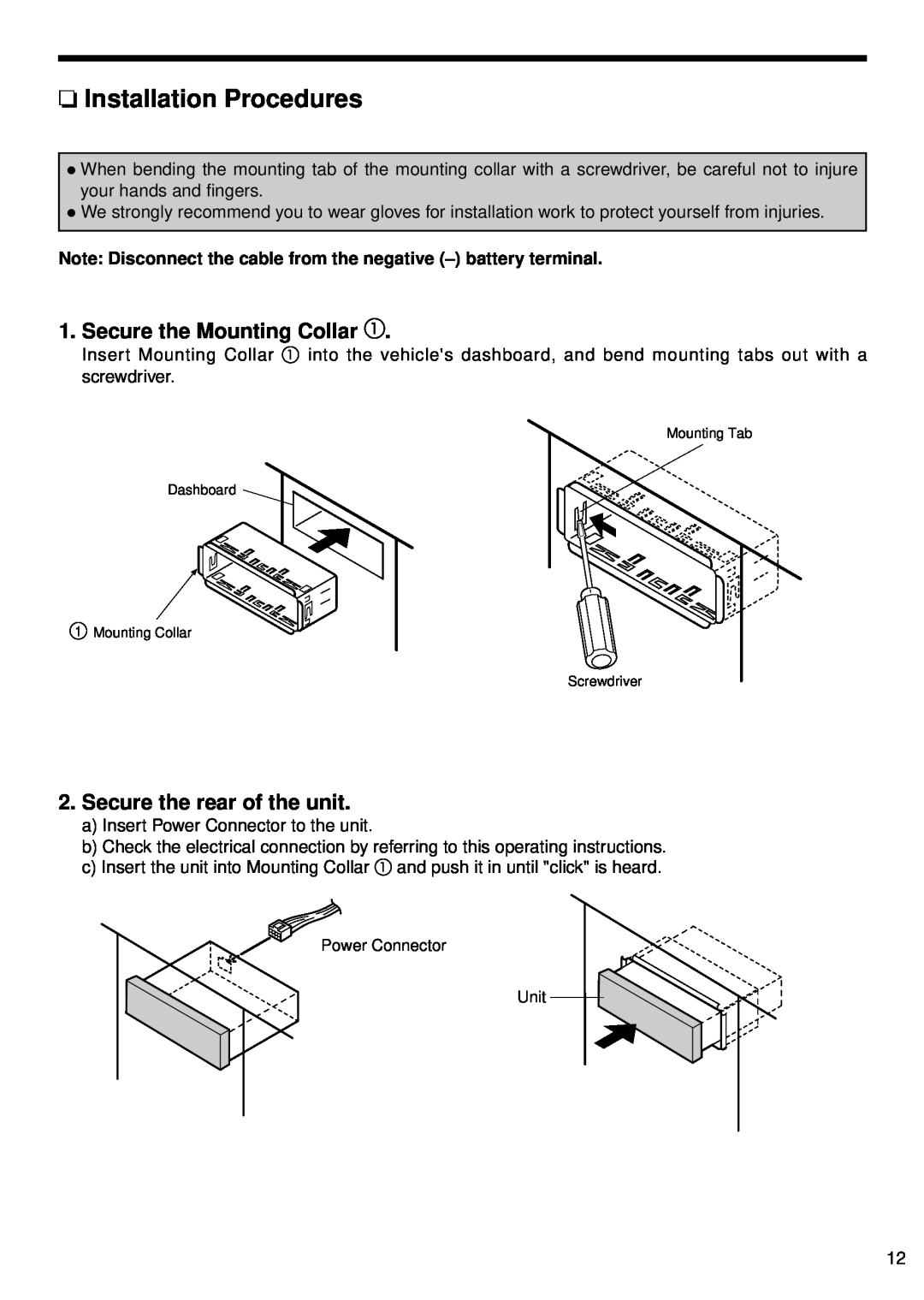 Panasonic CR-W400U operating instructions Installation Procedures, Secure the Mounting Collar, Secure the rear of the unit 