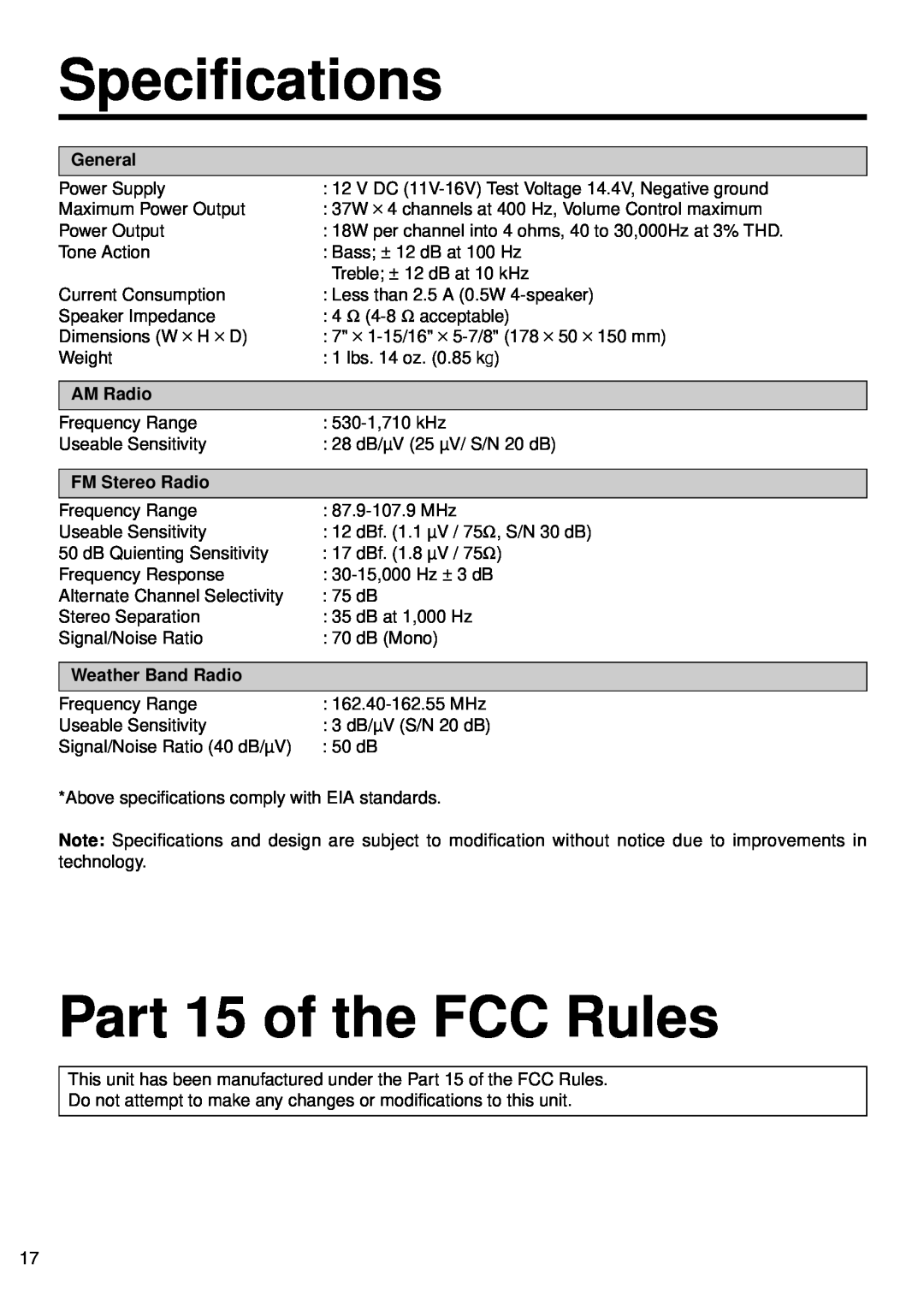 Panasonic CR-W400U Specifications, Part 15 of the FCC Rules, General, AM Radio, FM Stereo Radio, Weather Band Radio 