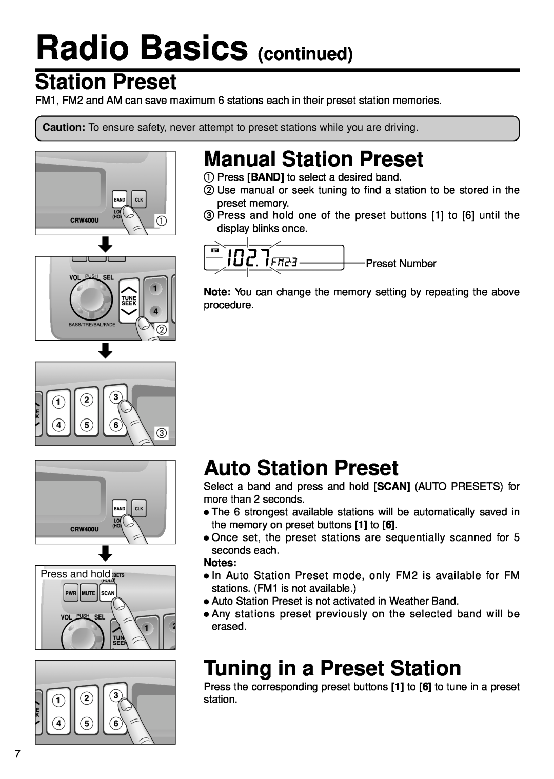 Panasonic CR-W400U Radio Basics continued, Manual Station Preset, Auto Station Preset, Tuning in a Preset Station 