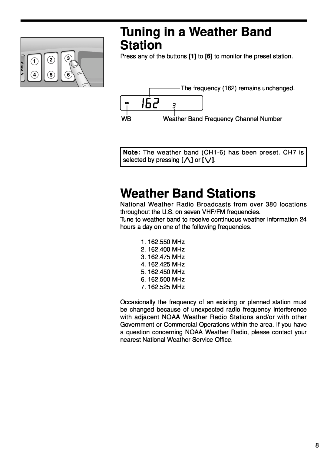 Panasonic CR-W400U operating instructions Tuning in a Weather Band Station, Weather Band Stations 