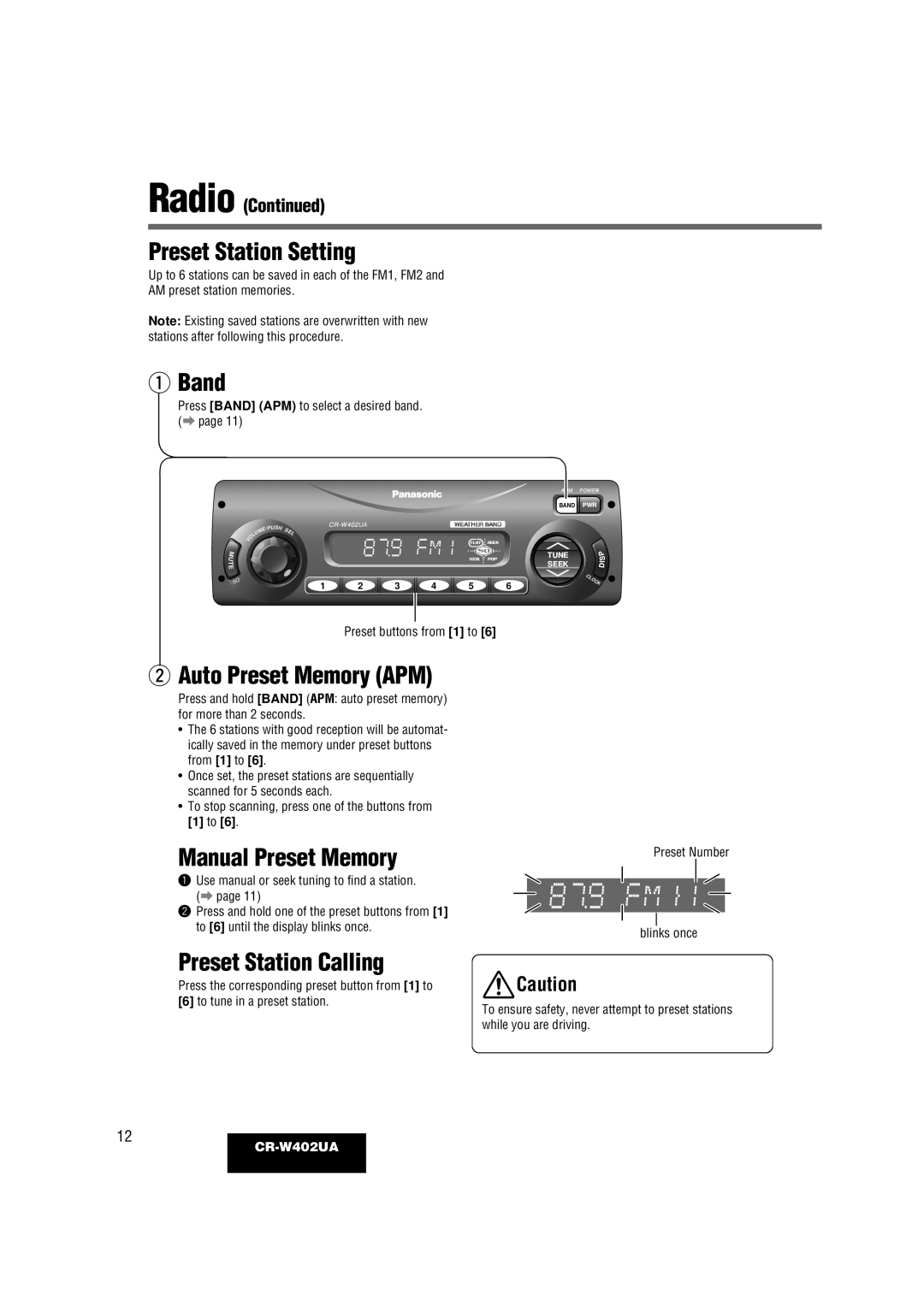 Panasonic CR-W402UA Preset Station Setting, Auto Preset Memory APM, Manual Preset Memory, Preset Station Calling 