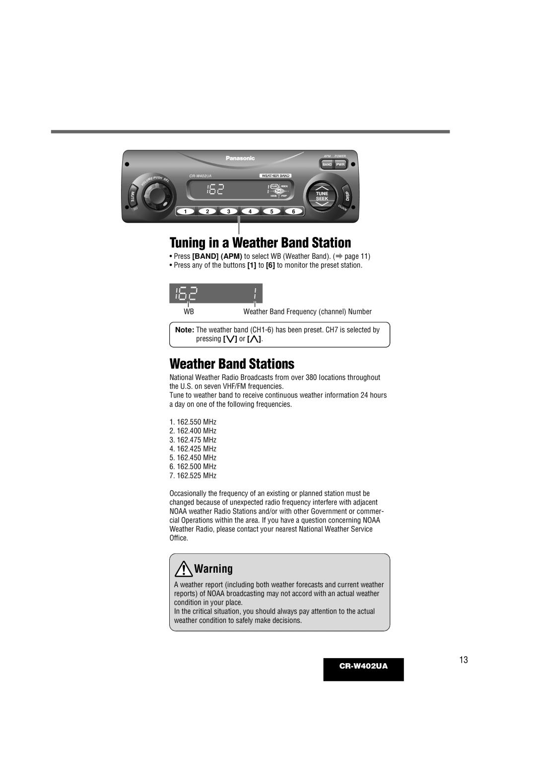 Panasonic CR-W402UA operating instructions Tuning in a Weather Band Station, Weather Band Stations 