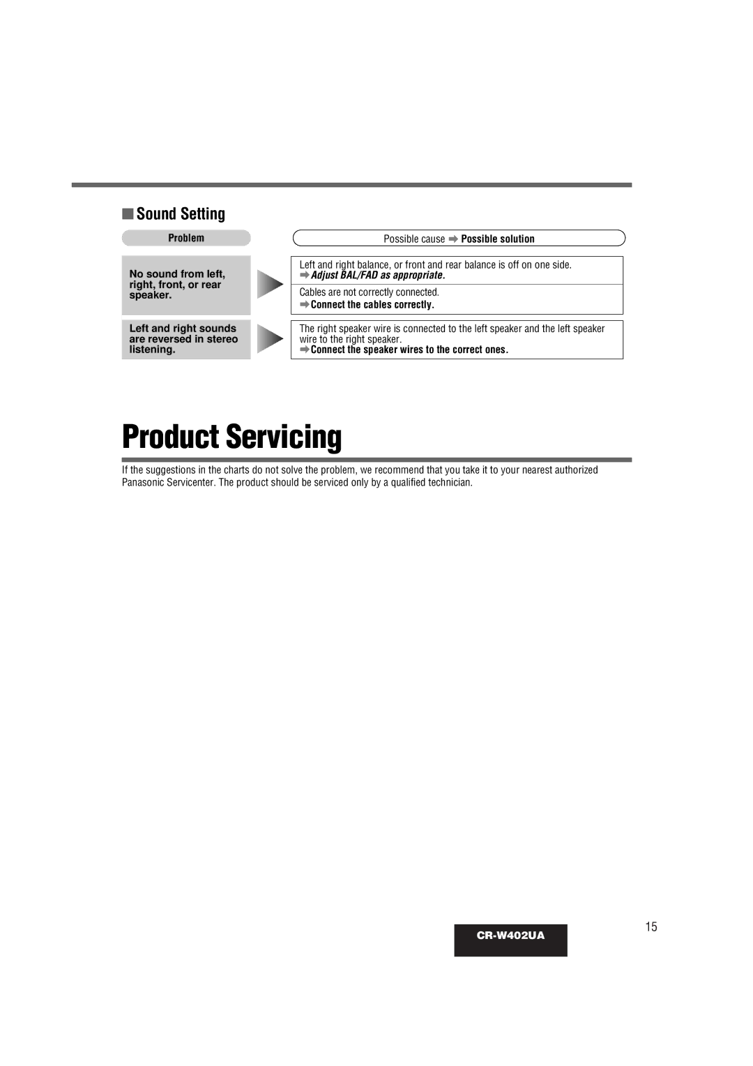 Panasonic CR-W402UA operating instructions Product Servicing, Sound Setting, AConnect the speaker wires to the correct ones 