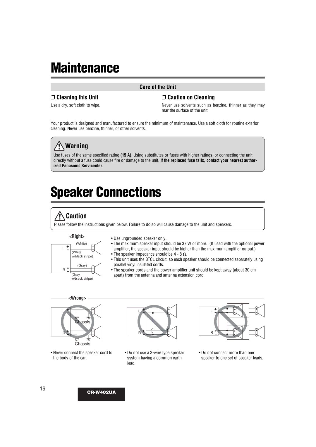 Panasonic CR-W402UA operating instructions Maintenance, Speaker Connections, Chassis 