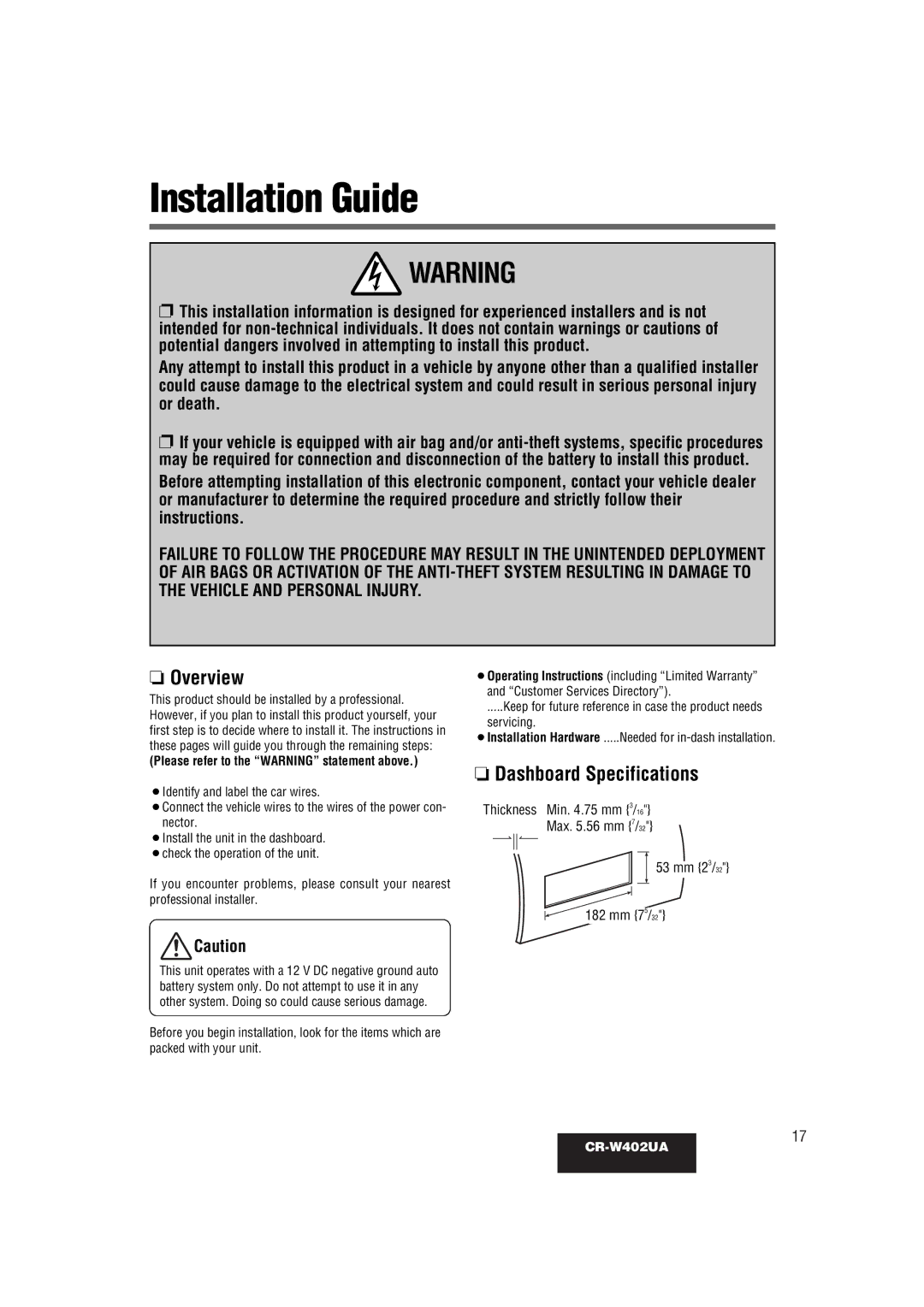 Panasonic CR-W402UA Installation Guide, Overview, Dashboard Specifications, Please refer to the Warning statement above 