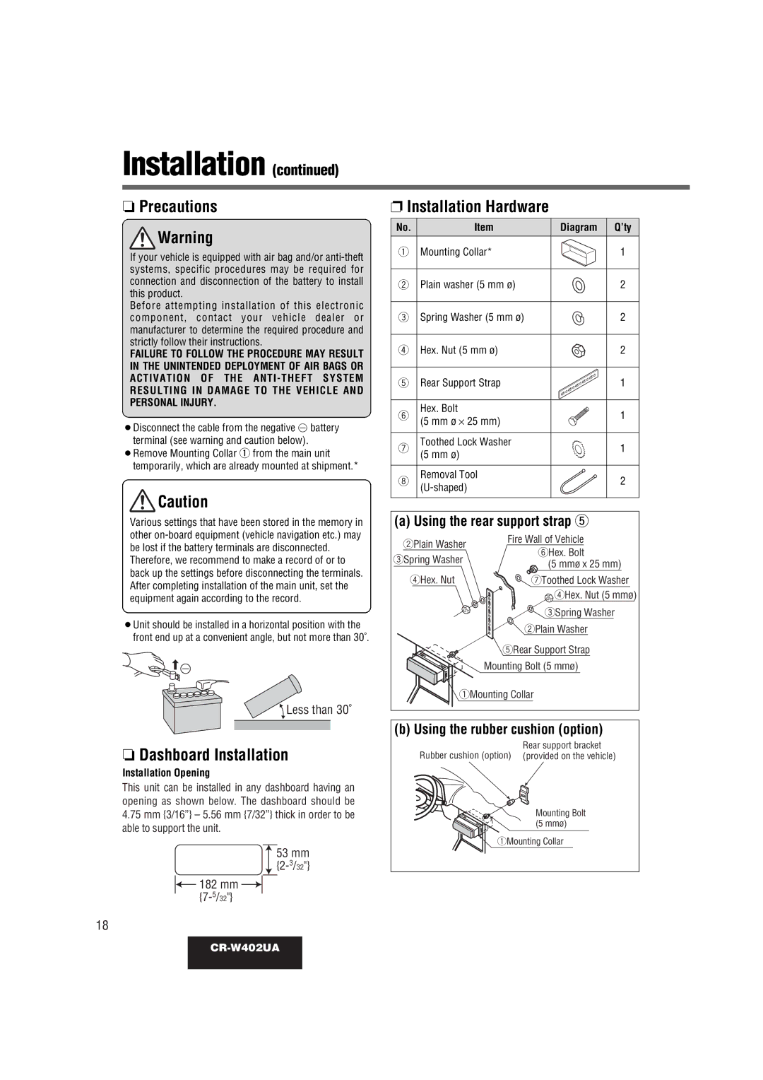 Panasonic CR-W402UA operating instructions Precautions, Dashboard Installation, Installation Hardware 