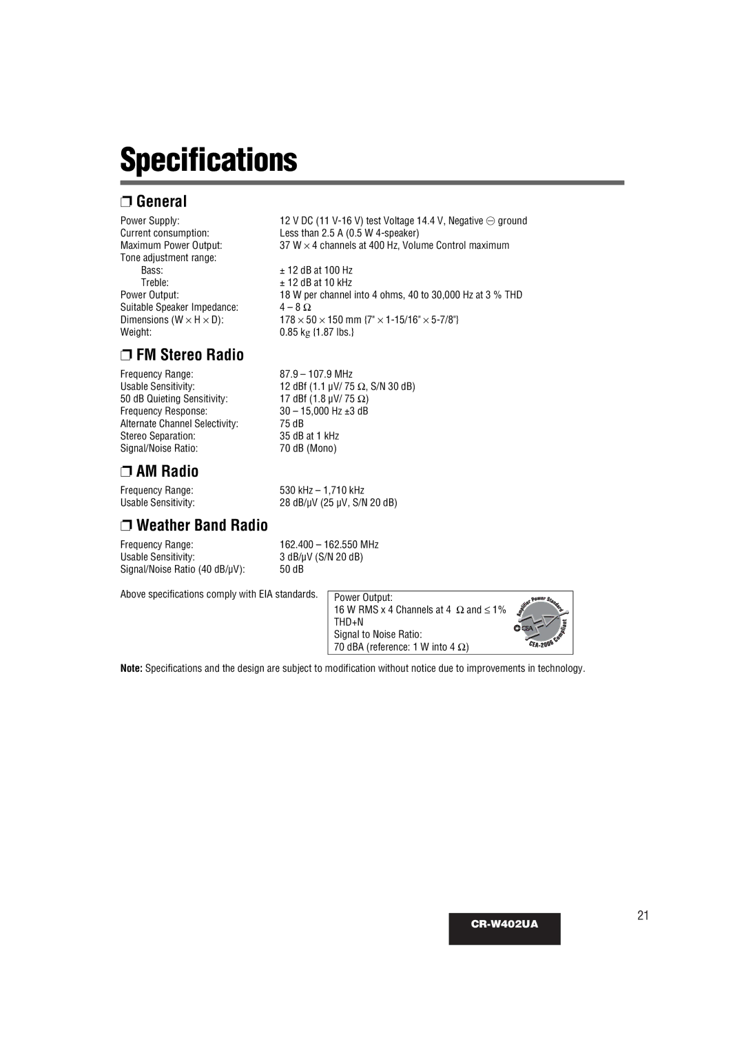 Panasonic CR-W402UA operating instructions Specifications, General, FM Stereo Radio, AM Radio, Weather Band Radio 