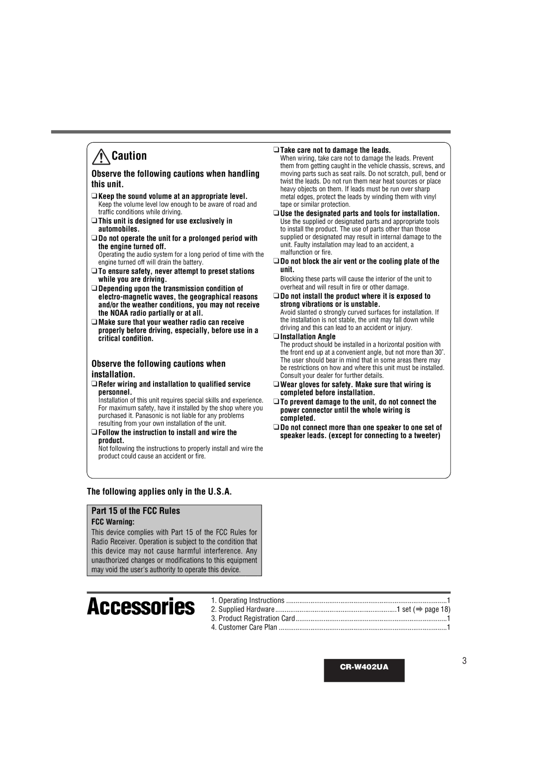 Panasonic CR-W402UA Follow the instruction to install and wire the product, Take care not to damage the leads, FCC Warning 