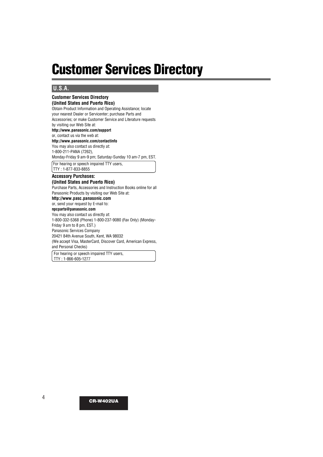 Panasonic CR-W402UA operating instructions Customer Services Directory United States and Puerto Rico 