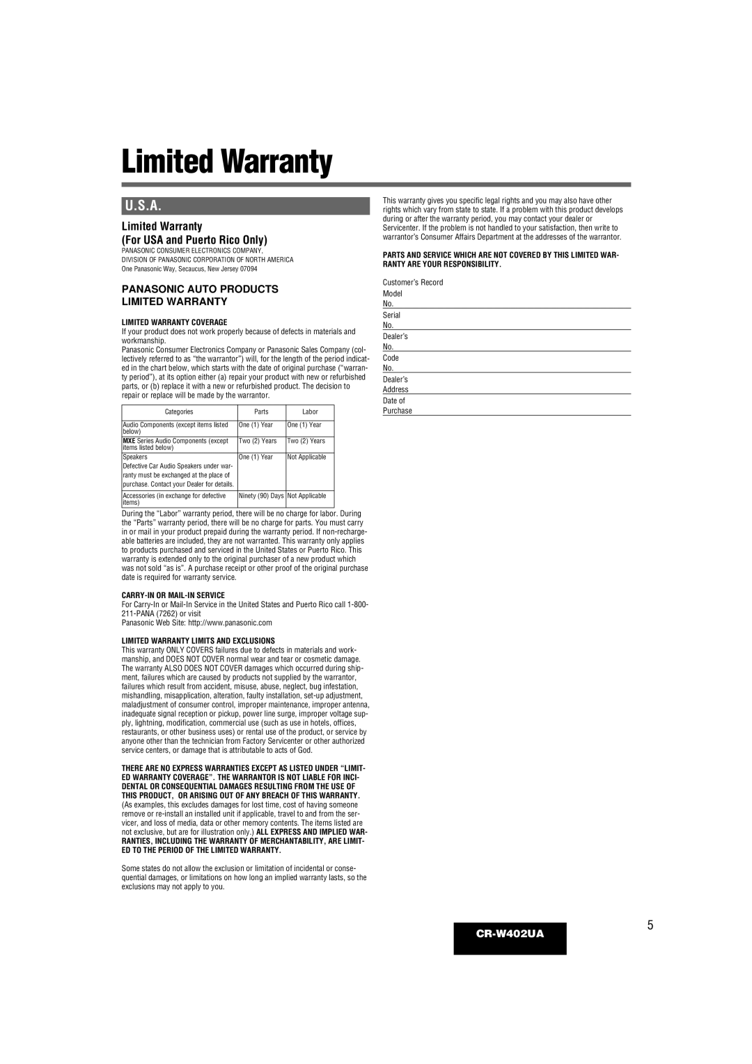 Panasonic CR-W402UA operating instructions Limited Warranty For USA and Puerto Rico Only 