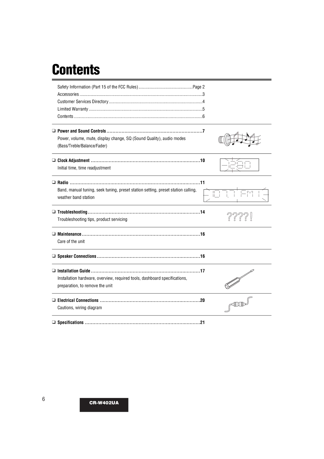 Panasonic CR-W402UA operating instructions Contents 