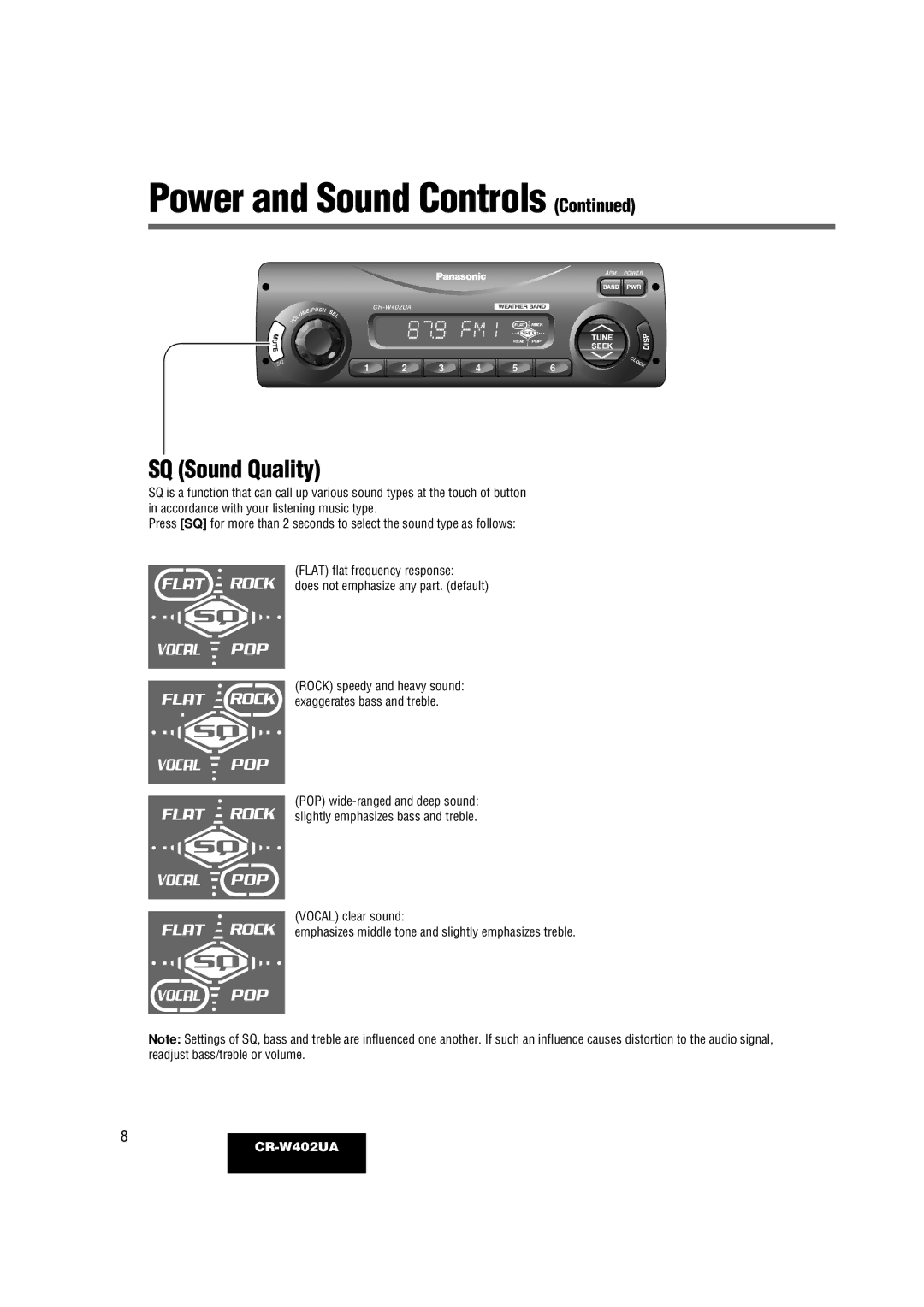 Panasonic CR-W402UA operating instructions SQ Sound Quality 