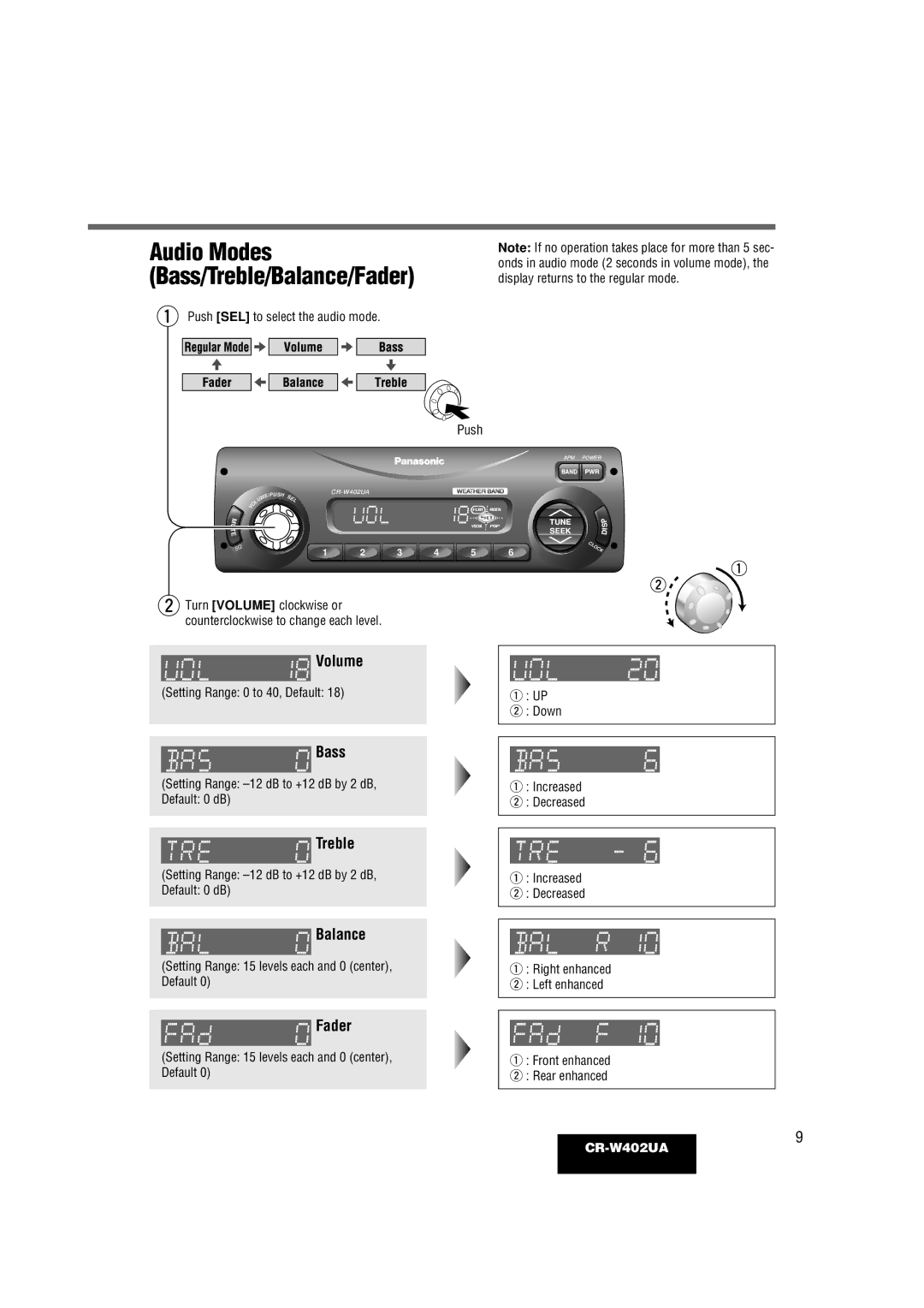 Panasonic CR-W402UA operating instructions Audio Modes Bass/Treble/Balance/Fader, Push 