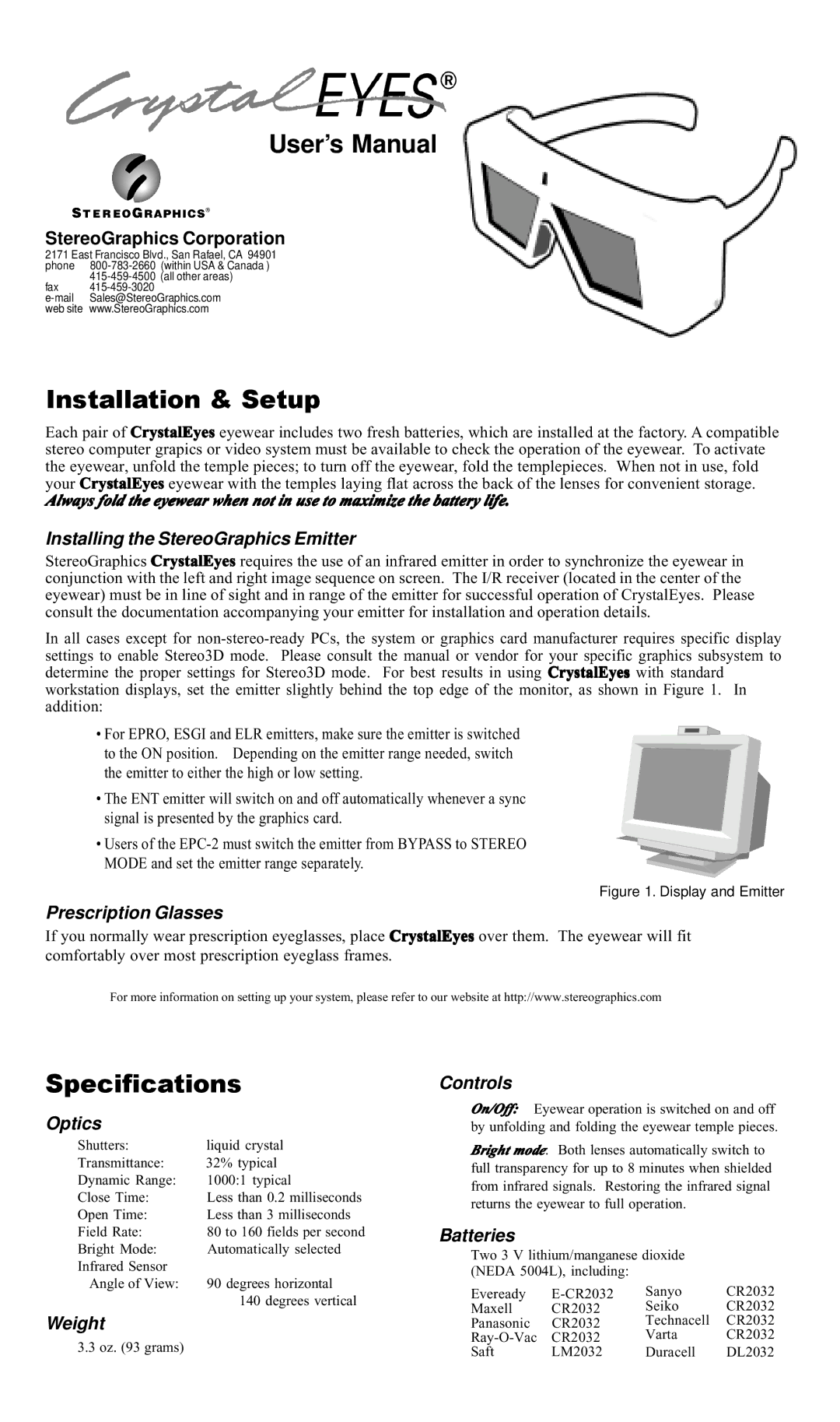 Panasonic Crystal Eyes Wear user manual Installation & Setup, Specifications 