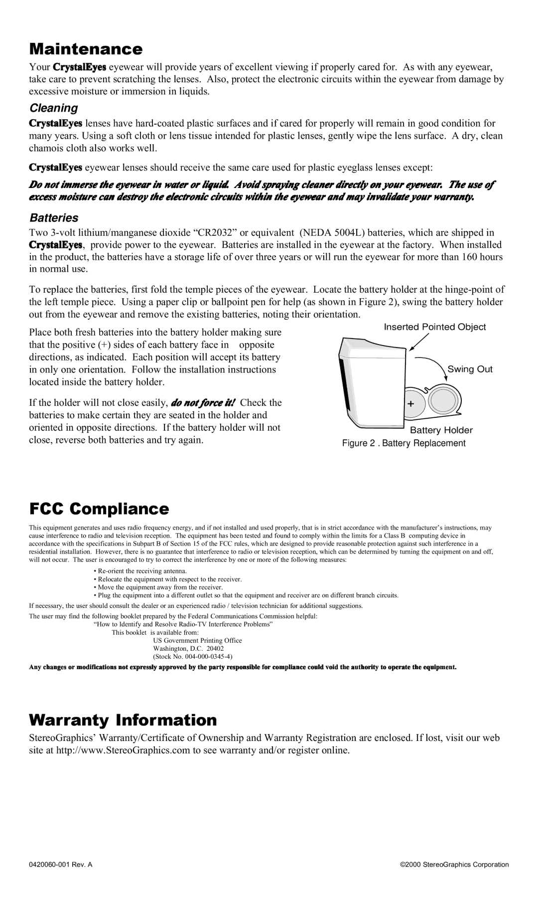 Panasonic Crystal Eyes Wear user manual Maintenance, FCC Compliance, Warranty Information, Cleaning 